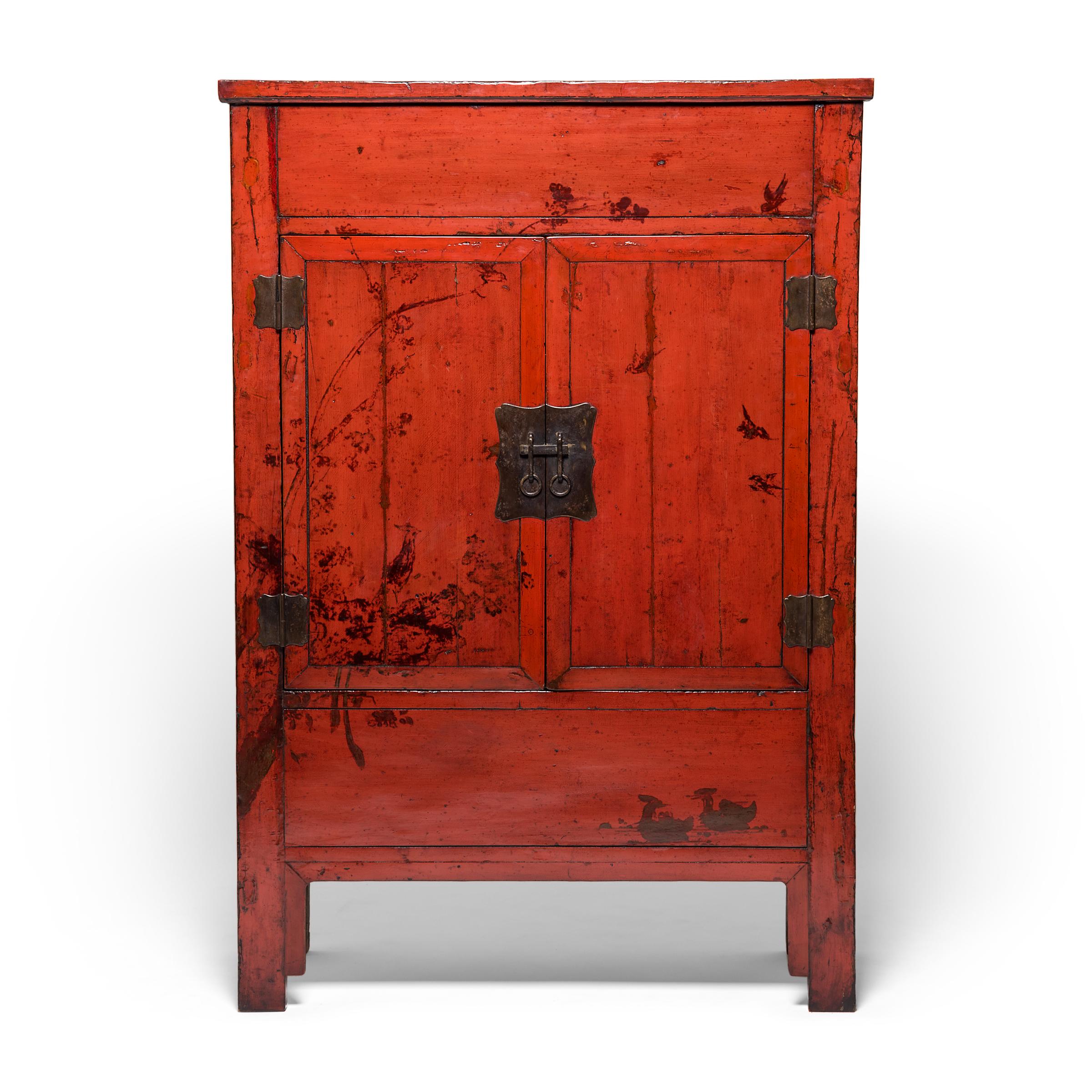 Pair of Chinese Red Lacquer Cabinets with Birds in Flight, c. 1850 For Sale 4