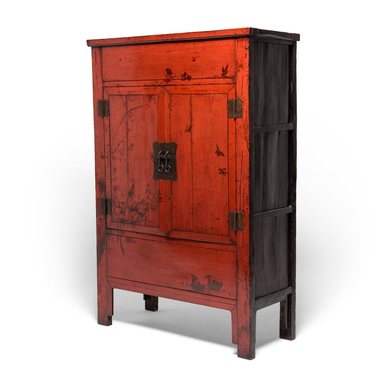 Pair of Chinese Red Lacquer Cabinets with Birds in Flight, c. 1850 For Sale  at 1stDibs