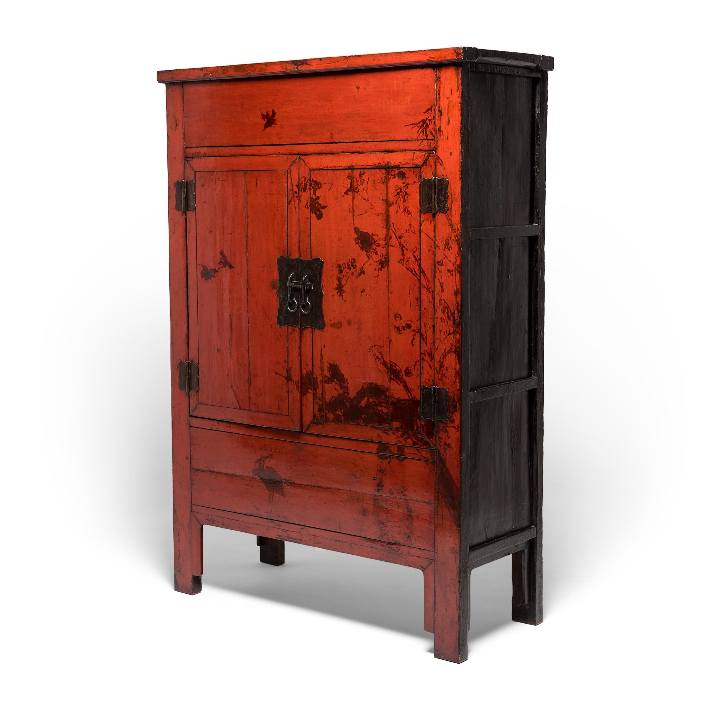 Qing Pair of Chinese Red Lacquer Cabinets with Birds in Flight, c. 1850 For Sale