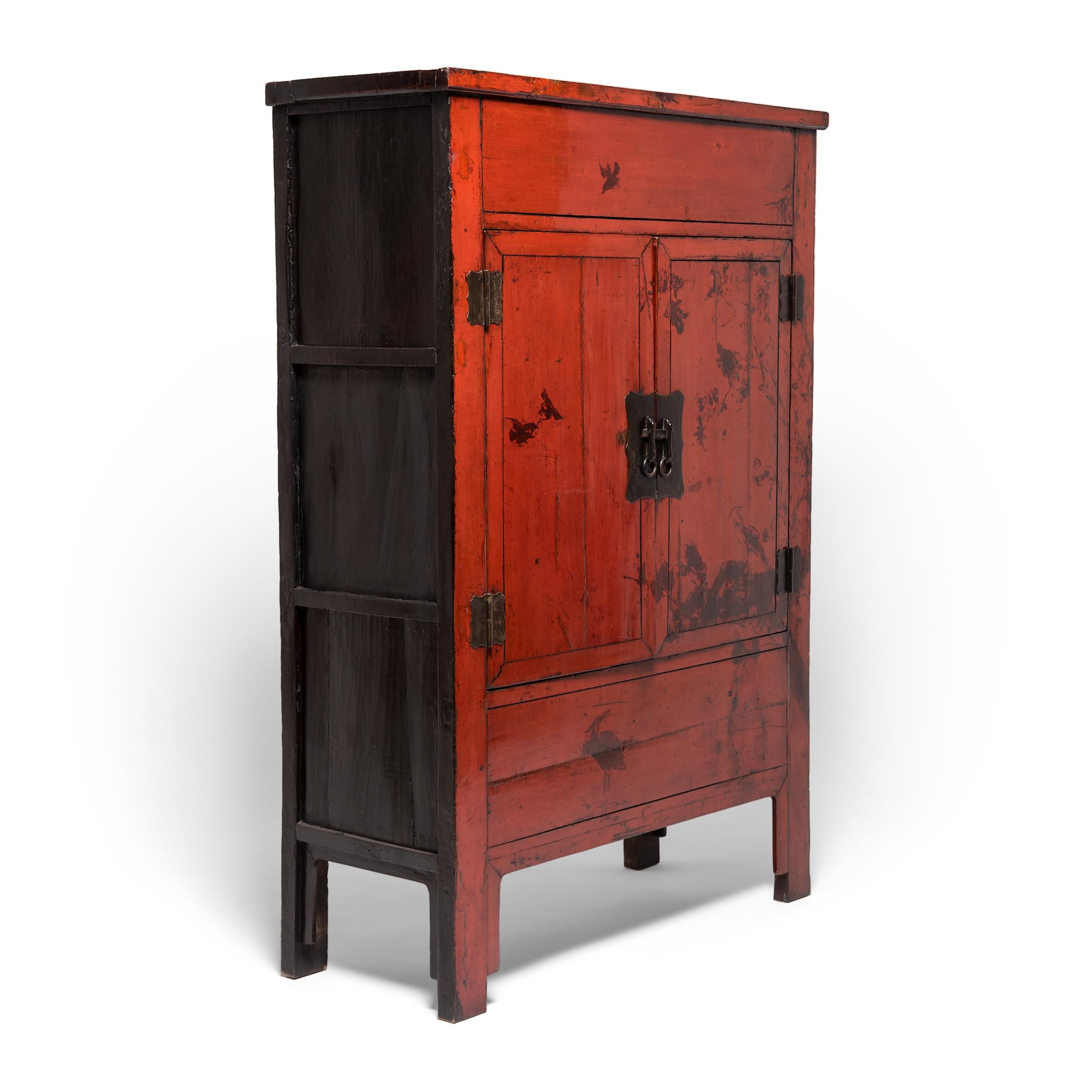 Pair of Chinese Red Lacquer Cabinets with Birds in Flight, c. 1850 In Good Condition For Sale In Chicago, IL