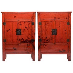Pair of Chinese Red Lacquer Cabinets with Birds in Flight, c. 1850