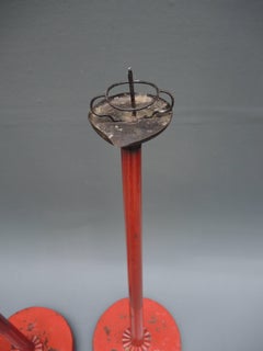 Pair of 19th Century Chinese Red Lacquered Wood Candlesticks