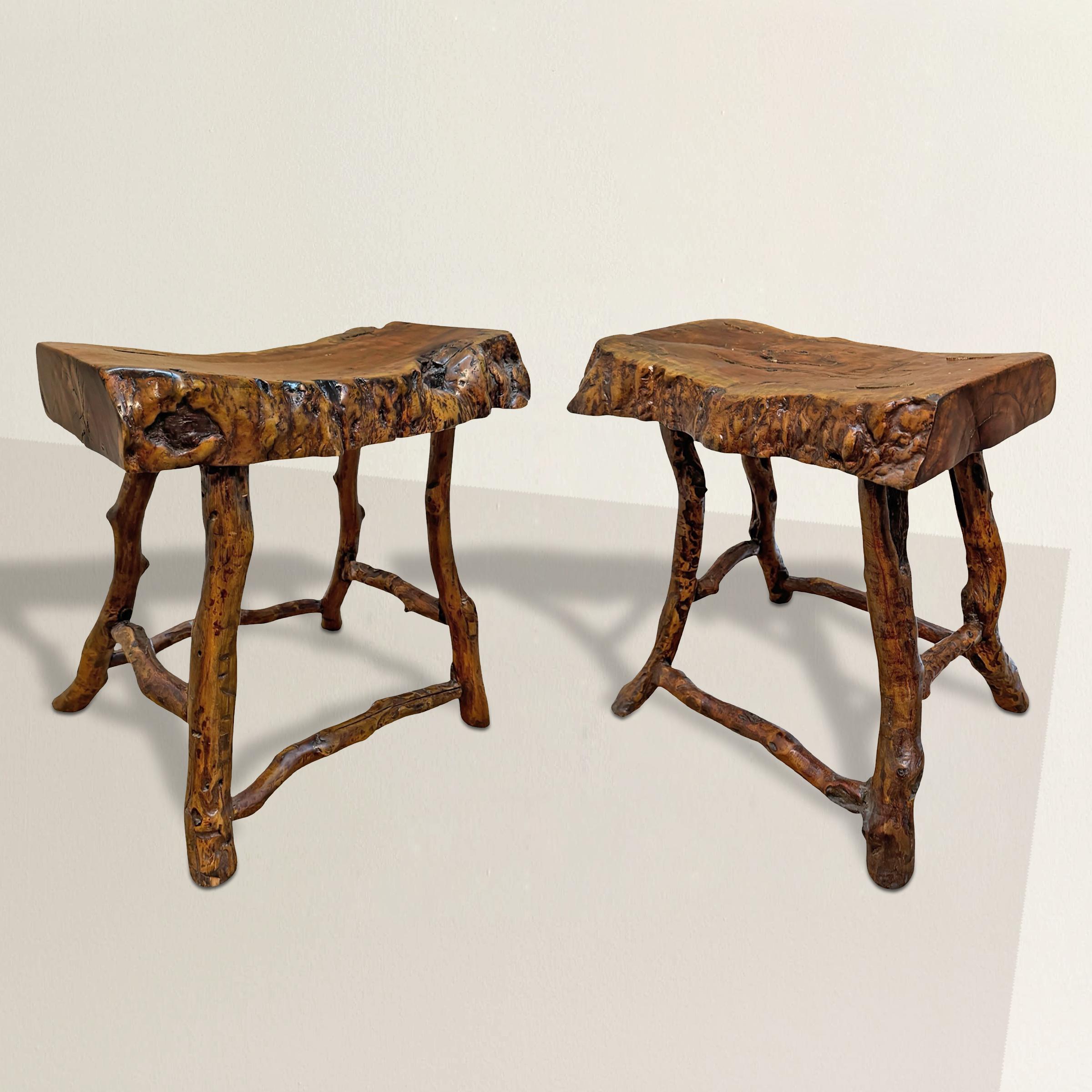 Este par de taburetes chinos de madera de raíz del siglo XIX encarna la tranquila elegancia y la profundidad filosófica de la tradición erudita de los literatos. Cada taburete es una armoniosa unión de forma natural y artesanía refinada: las patas