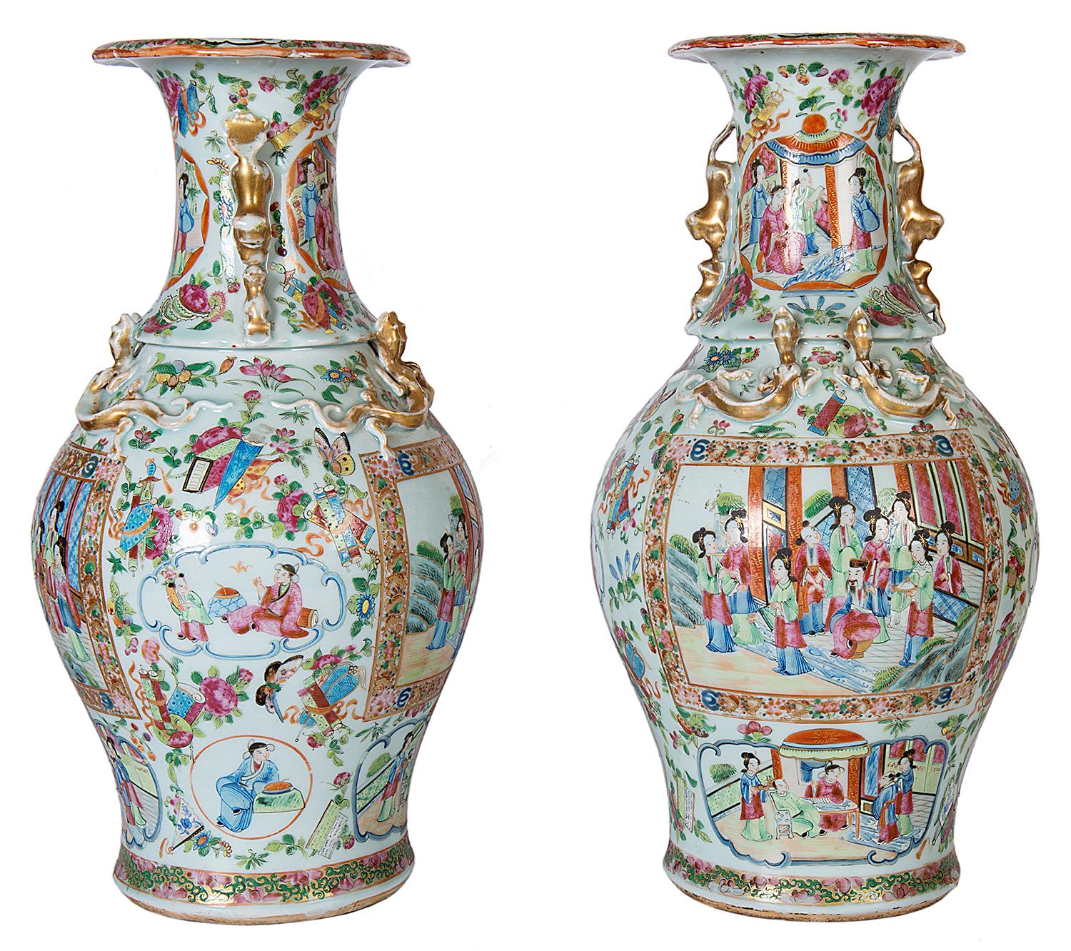 A good quality pair of 19th century Chinese canton / rose medallion vases, each with gilded dog of faux and serpents. Panels depicting classical Chinese interior scenes of people in traditional dress.
We can have this pair of vases converted to