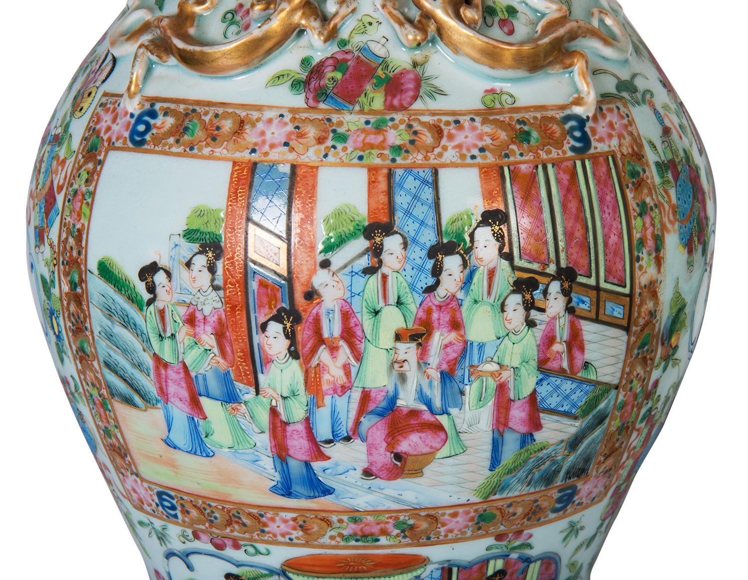 Hand-Painted Pair of 19th Century Chinese Rose Medallion Vases