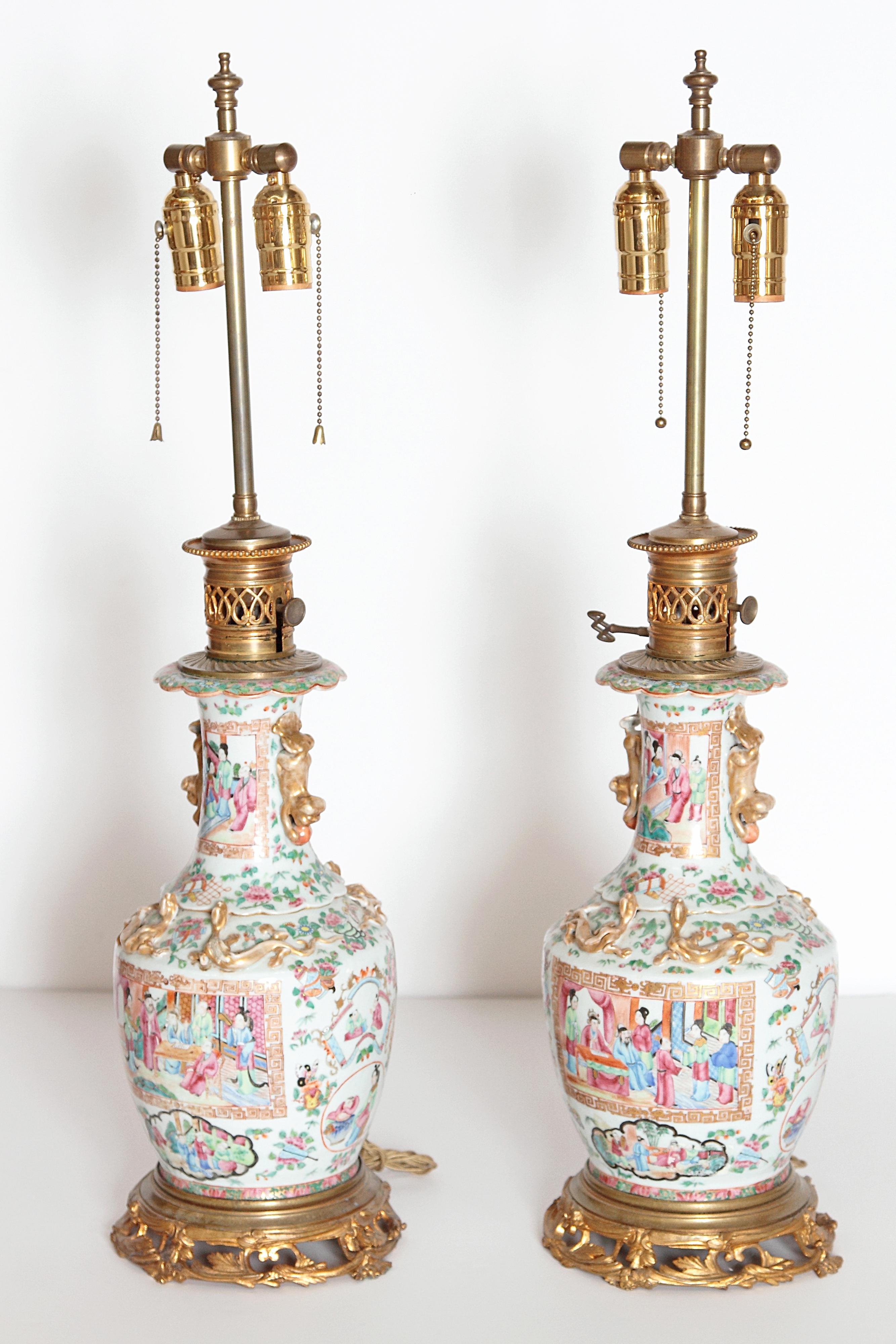 Pair of 19th Century Chinese Rose Medallion Vases Mounted as Lamps 4
