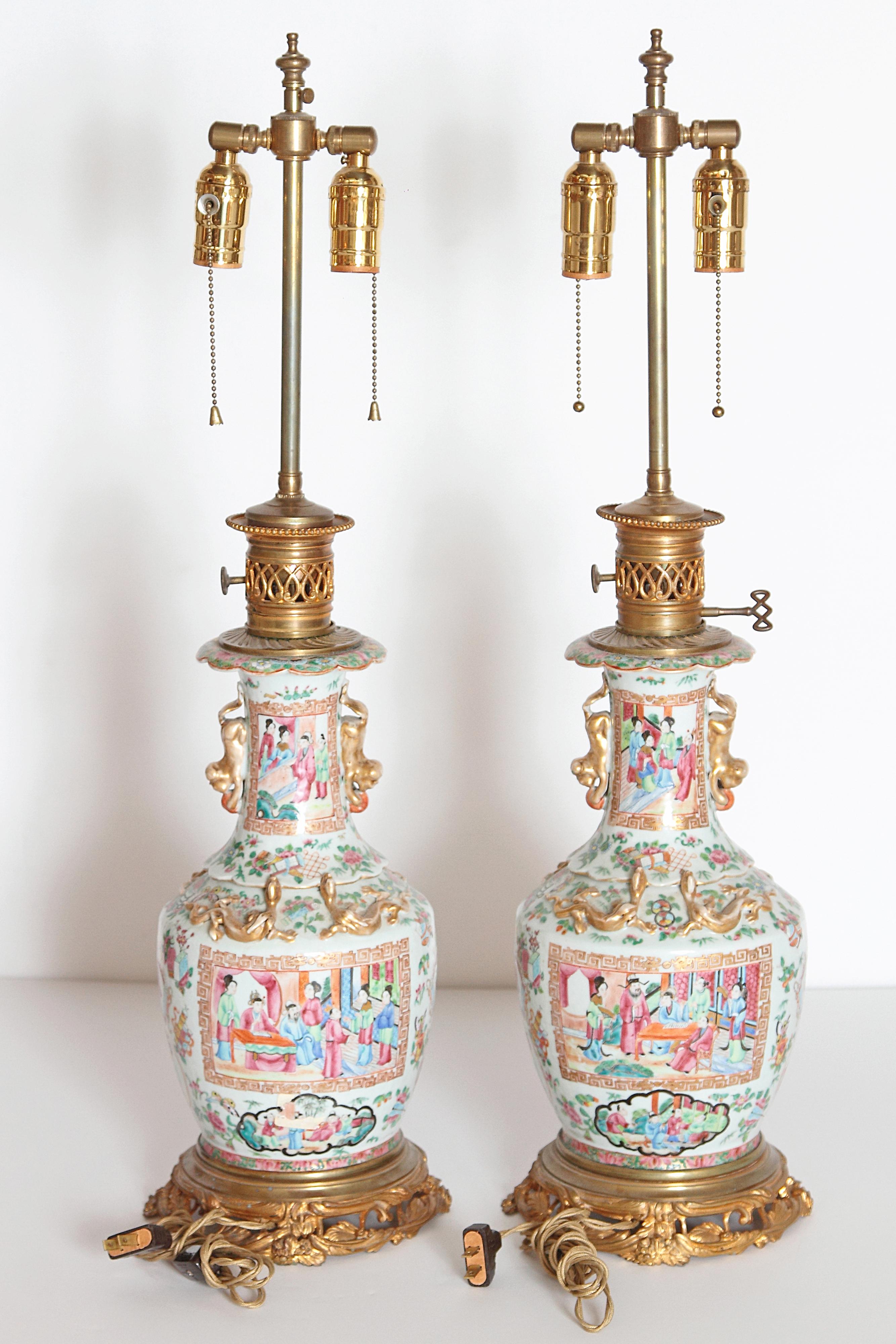 Pair of 19th Century Chinese Rose Medallion Vases Mounted as Lamps 5