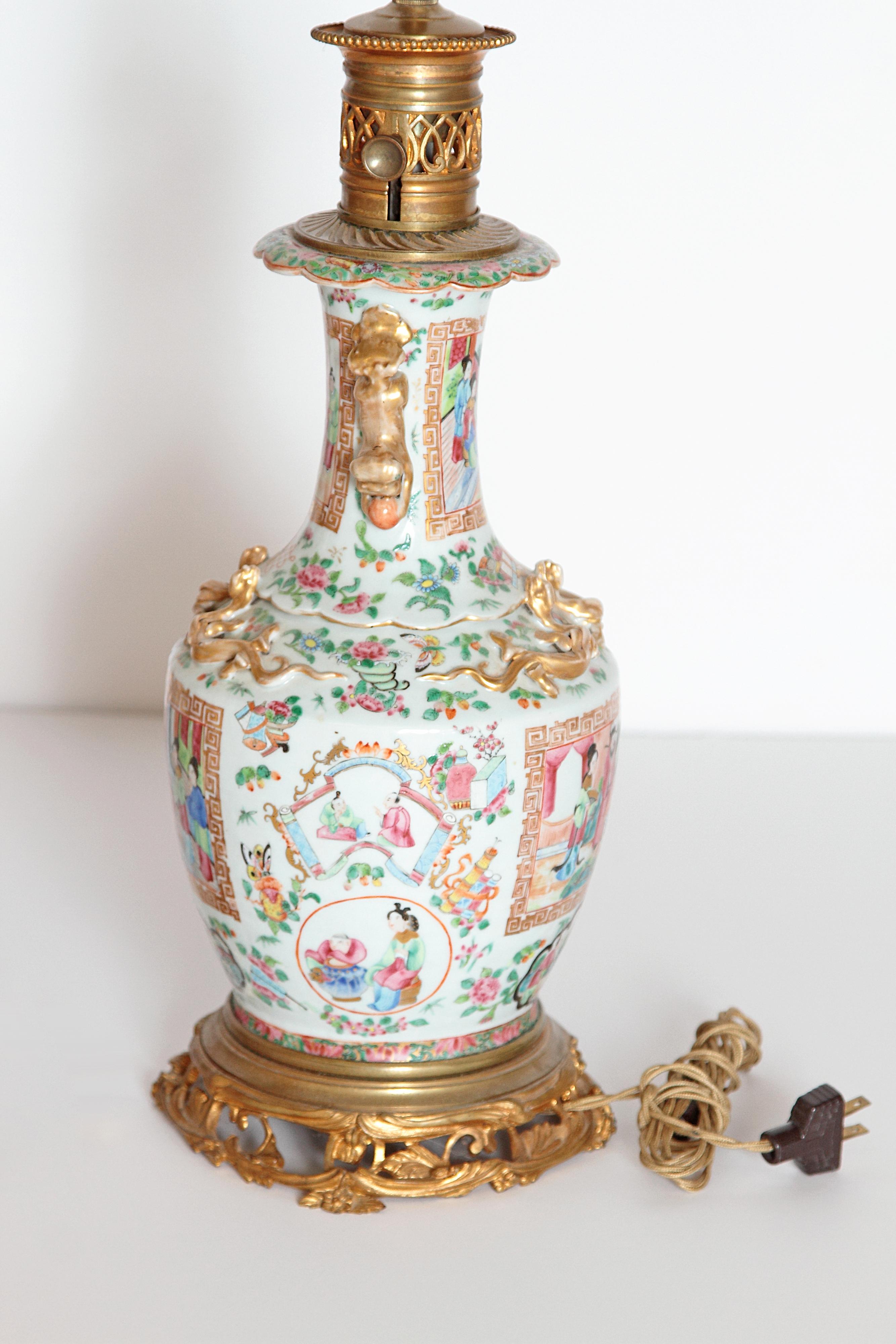 Hand-Painted Pair of 19th Century Chinese Rose Medallion Vases Mounted as Lamps