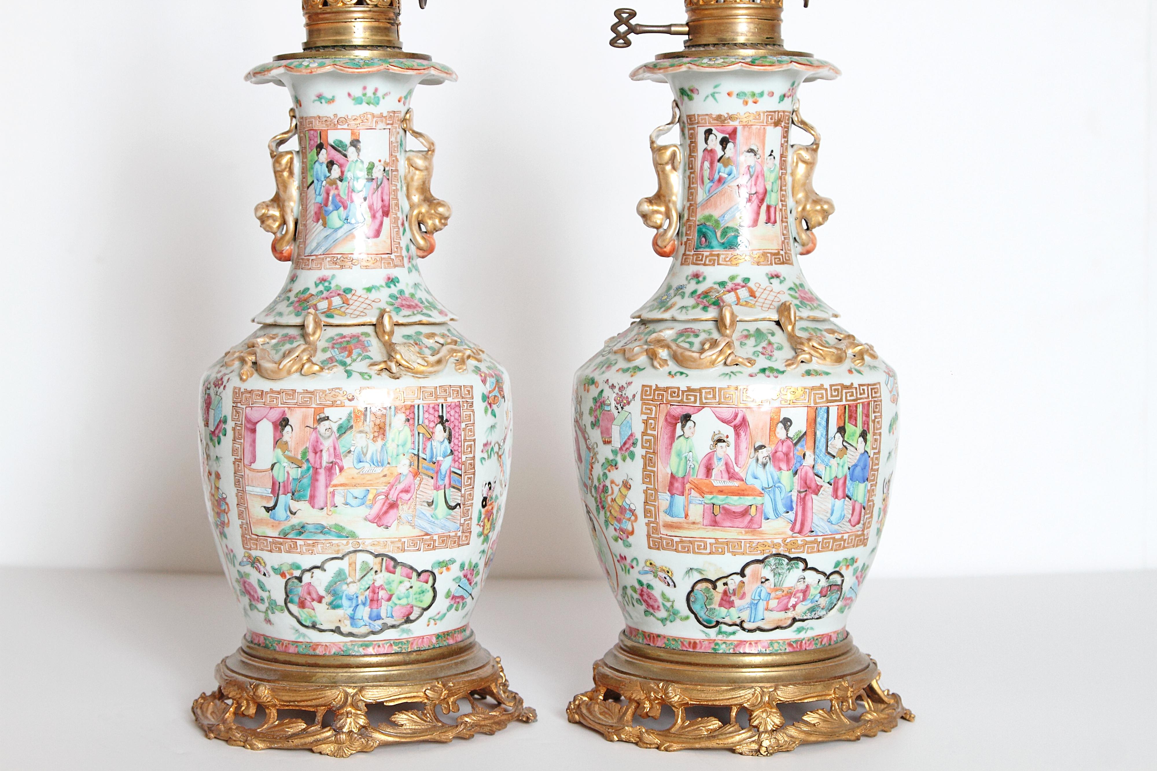 Bronze Pair of 19th Century Chinese Rose Medallion Vases Mounted as Lamps