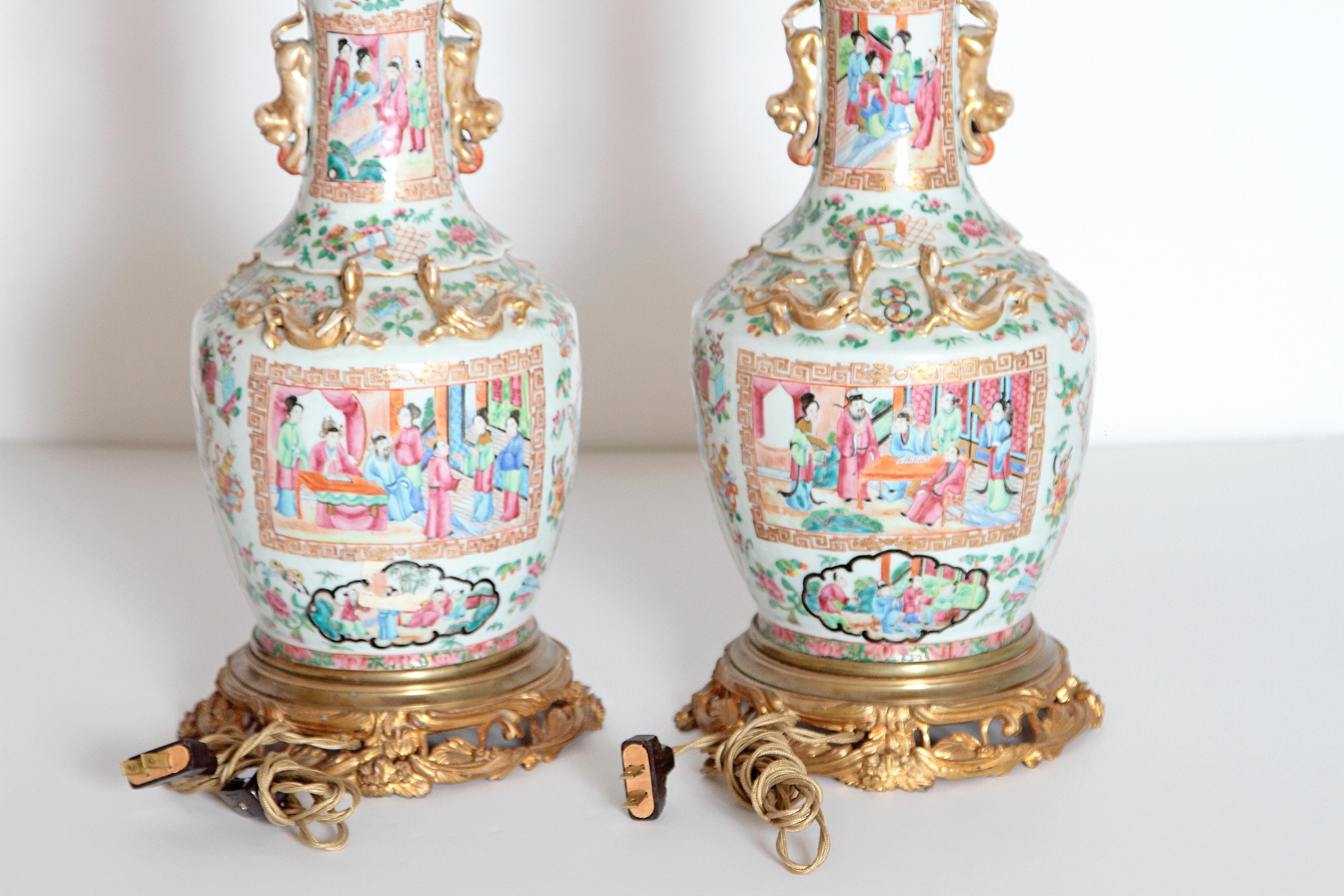 Pair of 19th Century Chinese Rose Medallion Vases Mounted as Lamps 1