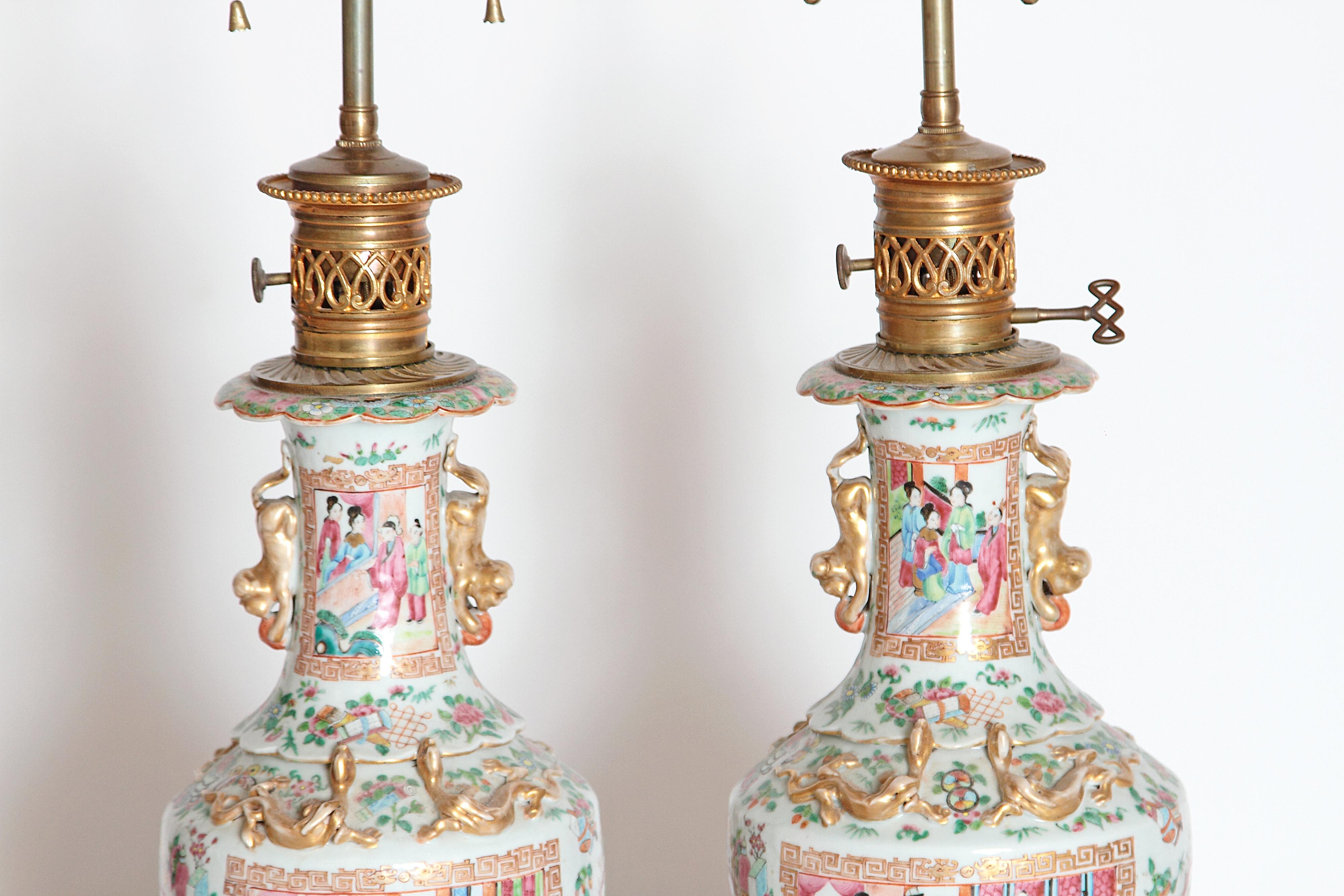 Pair of 19th Century Chinese Rose Medallion Vases Mounted as Lamps 2