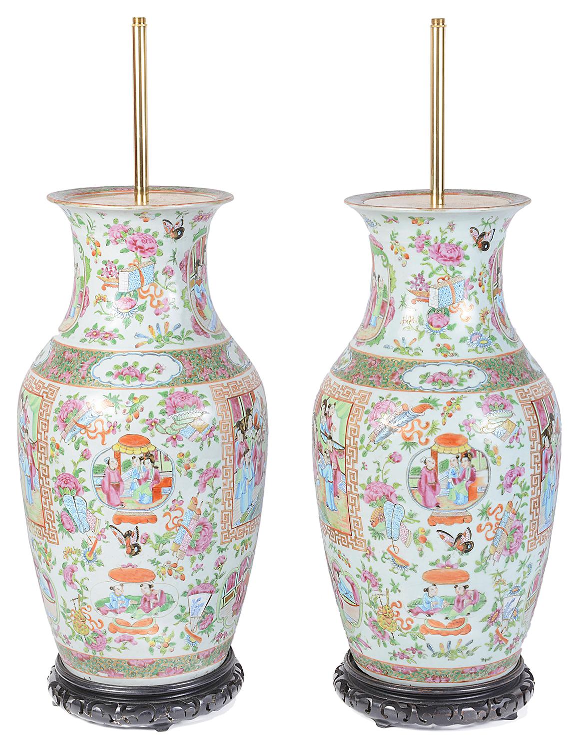 Porcelain Pair of 19th Century Chinese Rose Medallion Vases or Lamps
