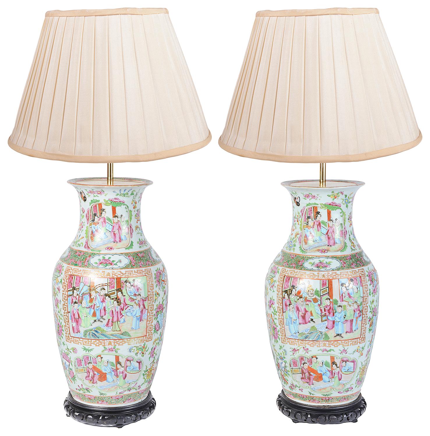 Pair of 19th Century Chinese Rose Medallion Vases or Lamps
