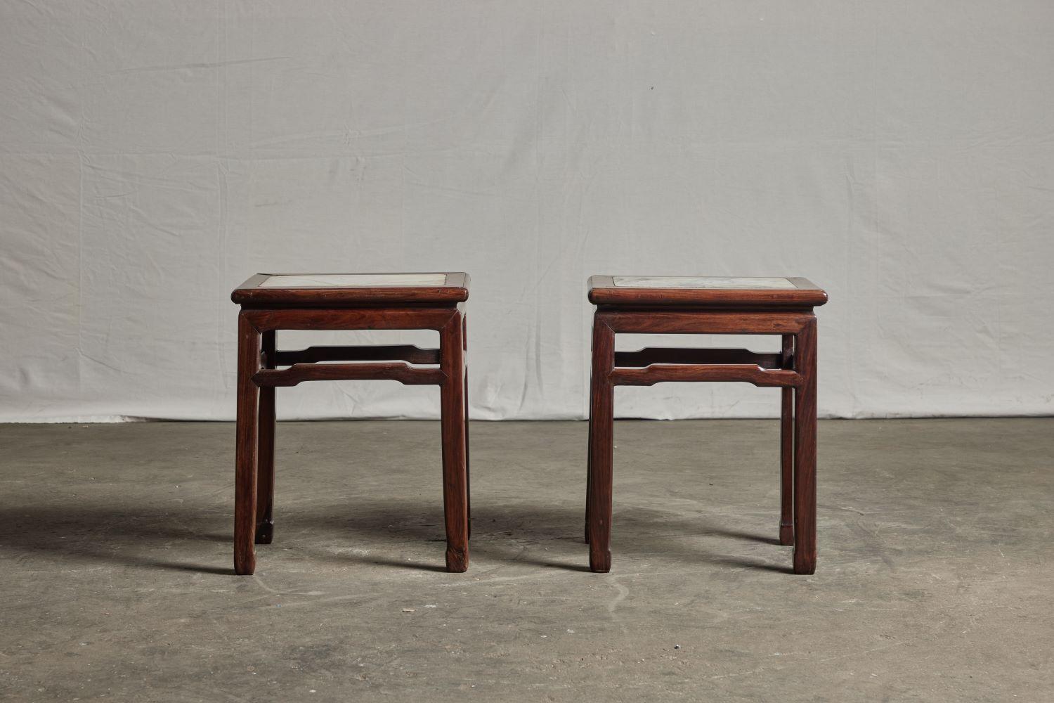 Pair of rosewood tea tables from Kwangtung. “Hong Mu” Pair only. With grey marble top.