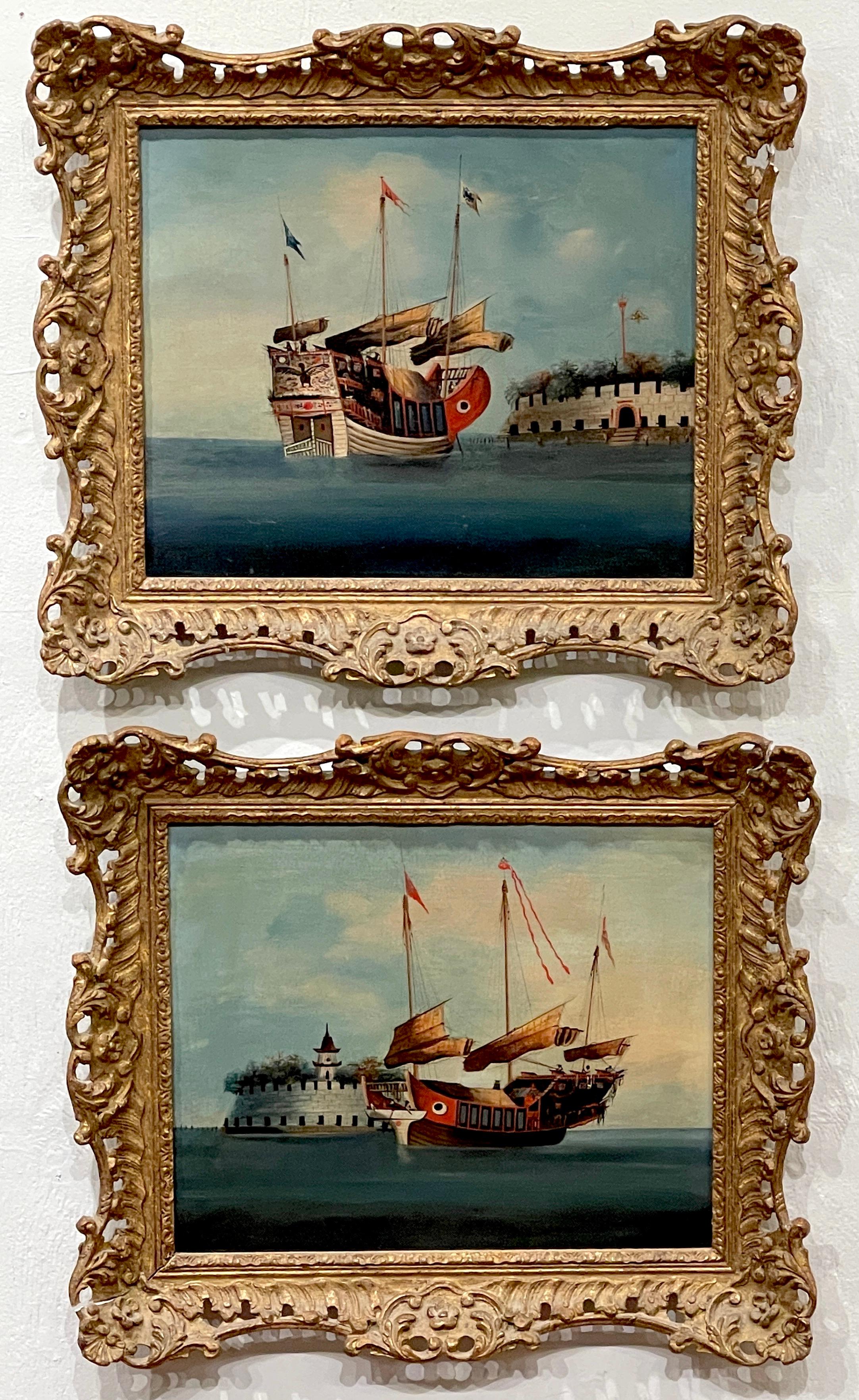 Pair of 19th Century Chinese School Maritime Paintings
China, 19th Century

Each one finely painted on canvas, of a Chinese Junk/sailing ship in a harbor.
Framed in fine carved and pierced giltwood frame.

Framed 21-Inches wide x 18-Inches
