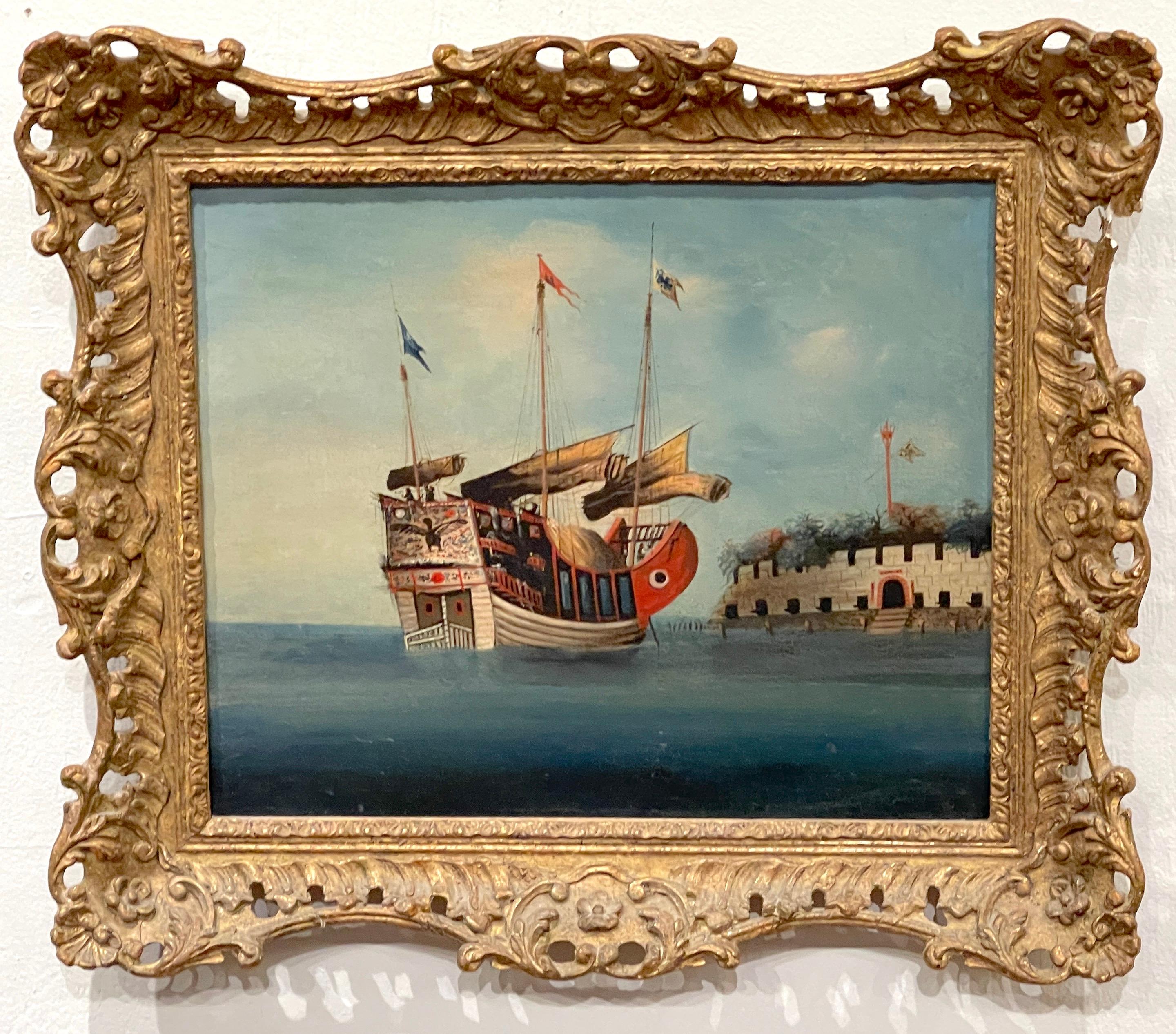 Chinese Export Pair of 19th Century Chinese School Maritime Paintings