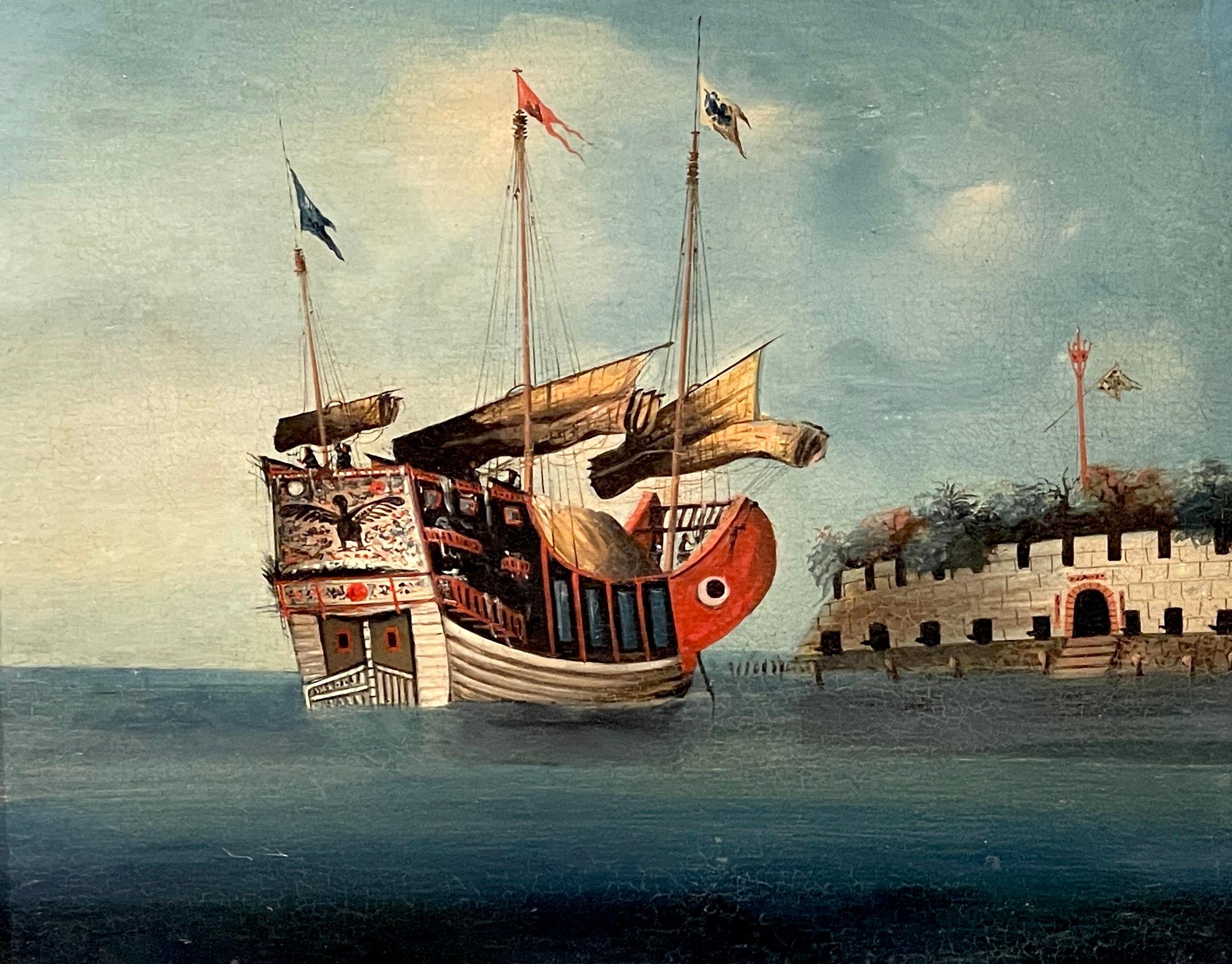 Carved Pair of 19th Century Chinese School Maritime Paintings