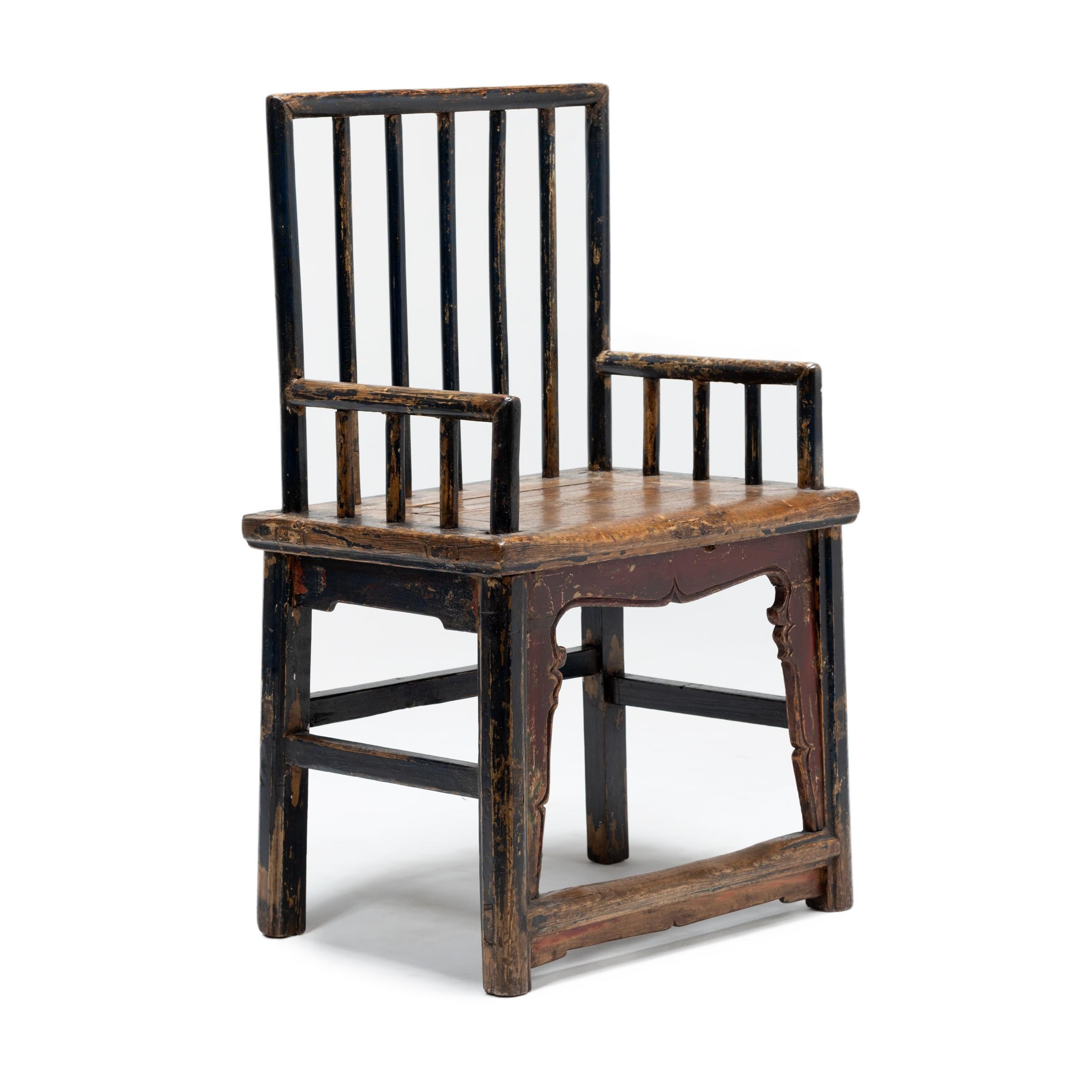 This pair of curious 19th century spindleback chairs defy traditional Qing-dynasty forms. A collection of moments from previous eras, the pair incorporates elements drawn from Chinese carpentry ideals spanning back as far as the 16th century. The