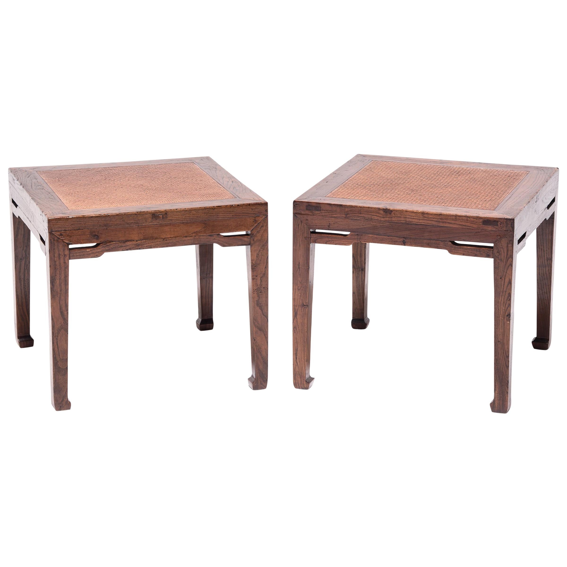 Pair of 19th Century Chinese Square Stools with Woven Tops