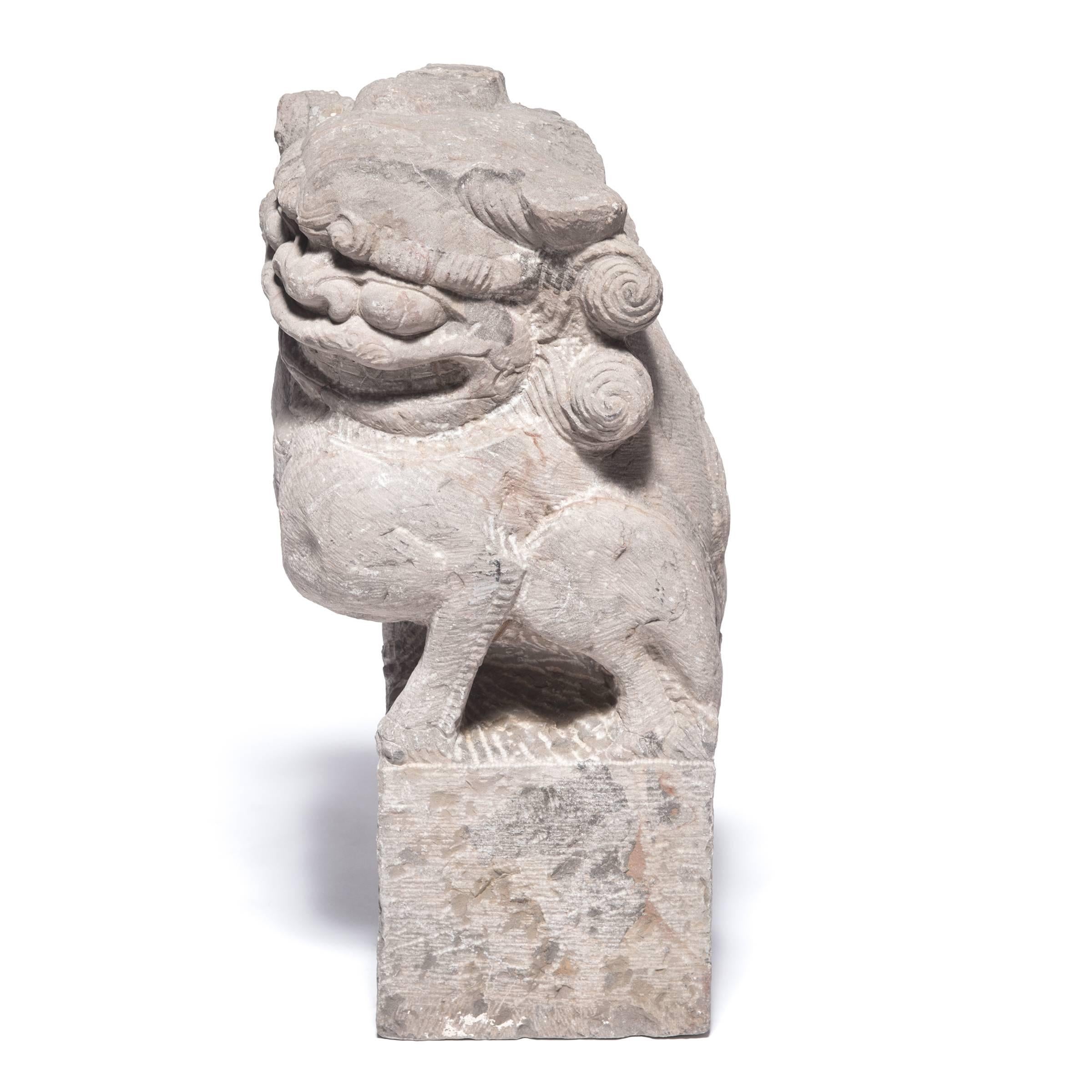 Hand-Carved Pair of 19th Century Chinese Stone Fu Lion Guardians For Sale