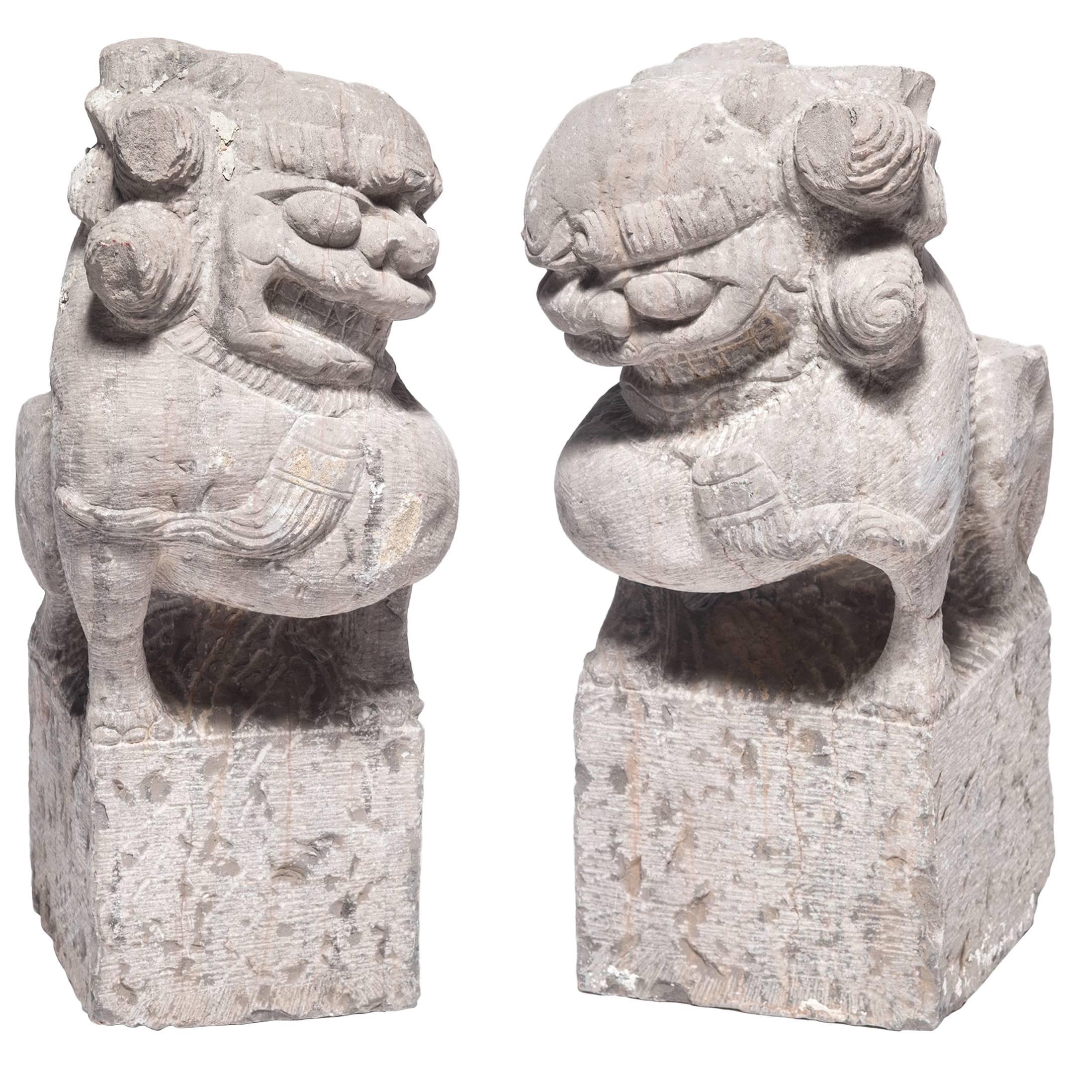 Pair of 19th Century Chinese Stone Fu Lion Guardians