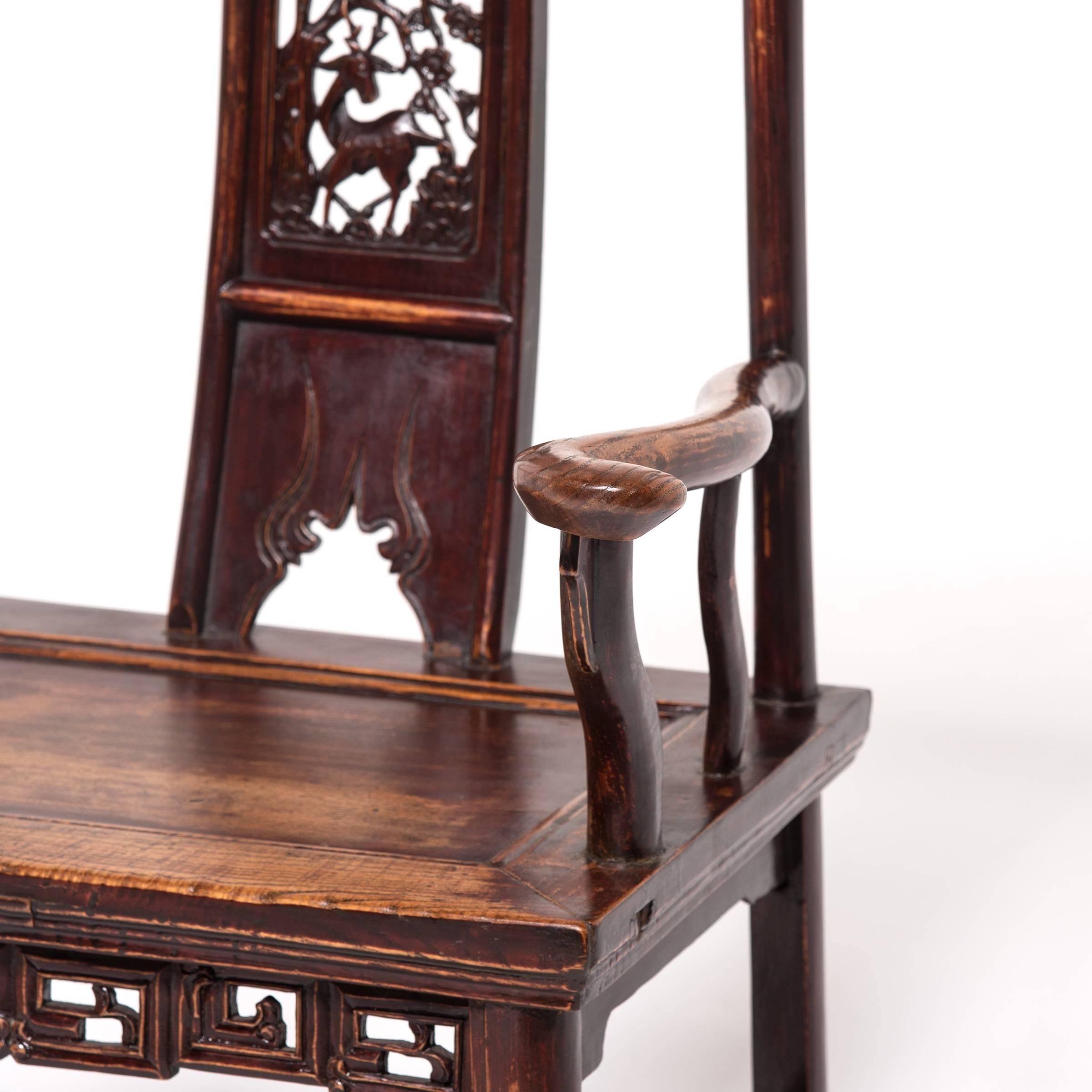 Pair of Chinese Tall Back Chairs with Auspicious Deer Medallions, c. 1850 3