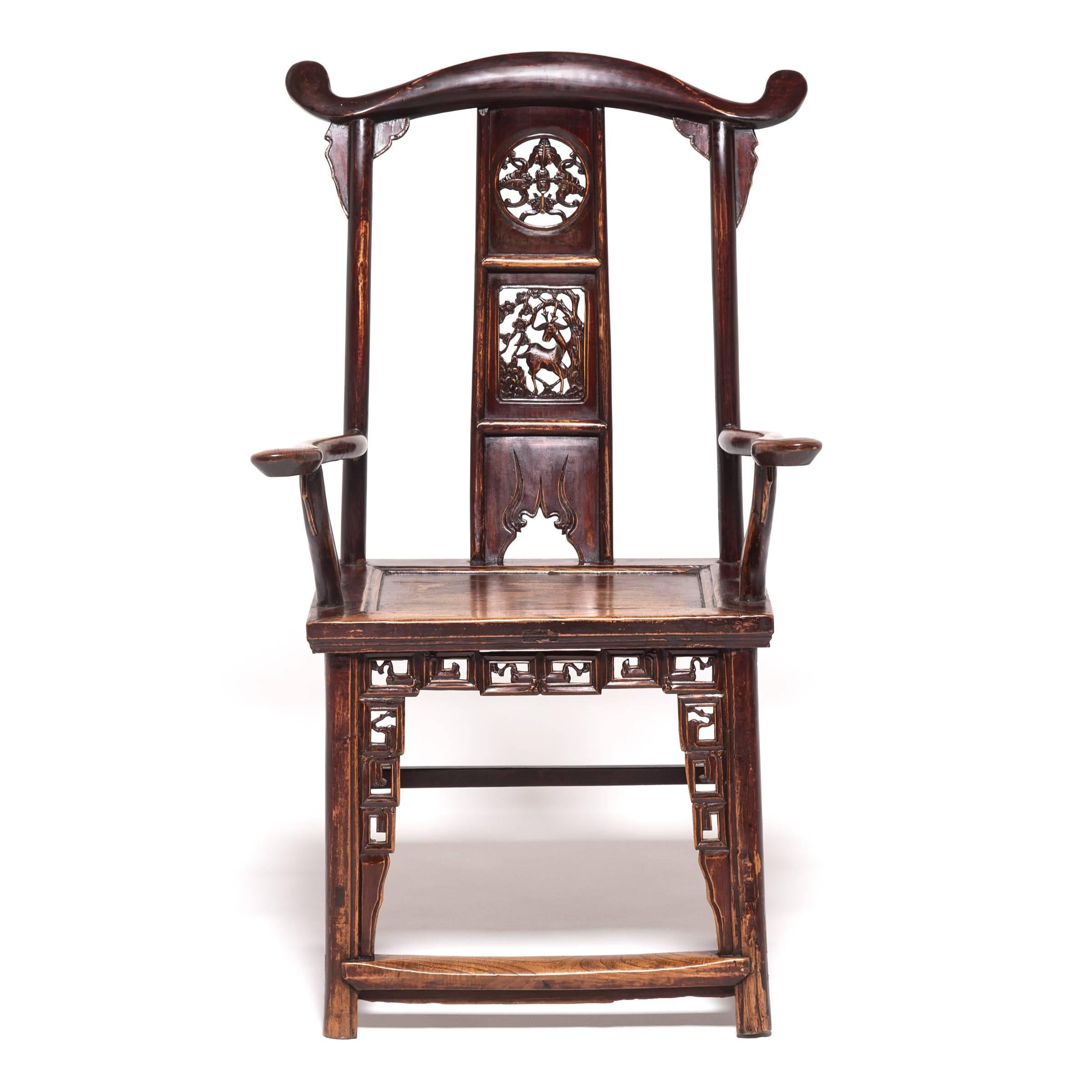 Pair of Chinese Tall Back Chairs with Auspicious Deer Medallions, c. 1850 5