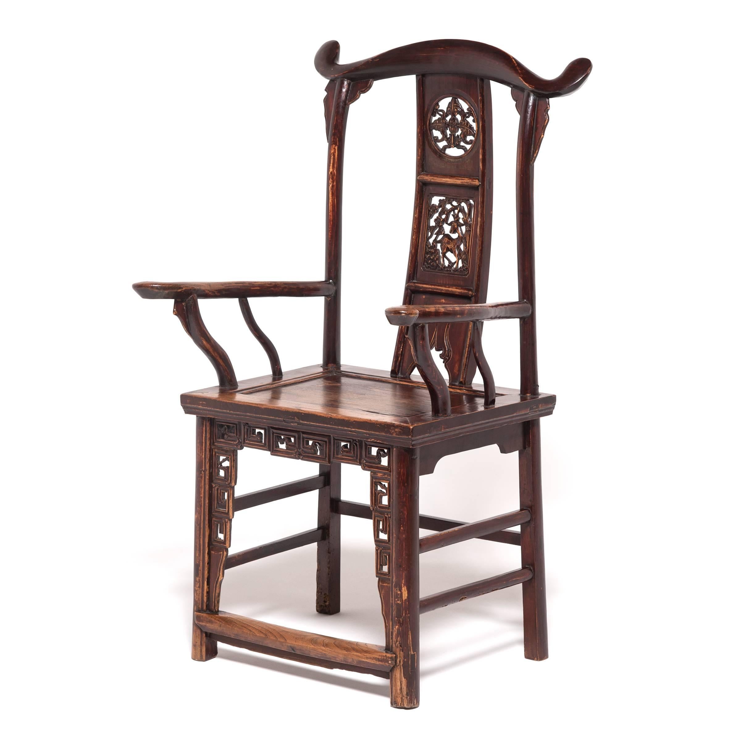 Pair of Chinese Tall Back Chairs with Auspicious Deer Medallions, c. 1850 6