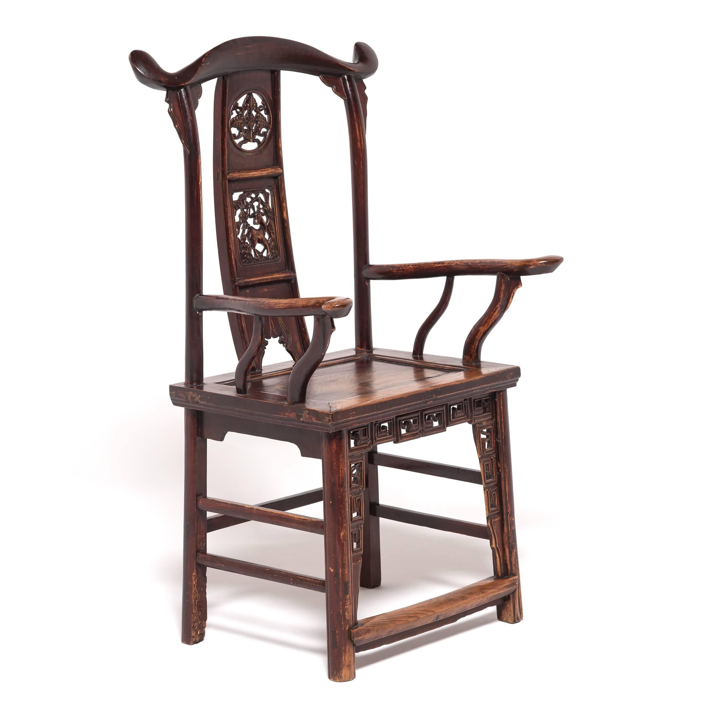 Pair of Chinese Tall Back Chairs with Auspicious Deer Medallions, c. 1850 8