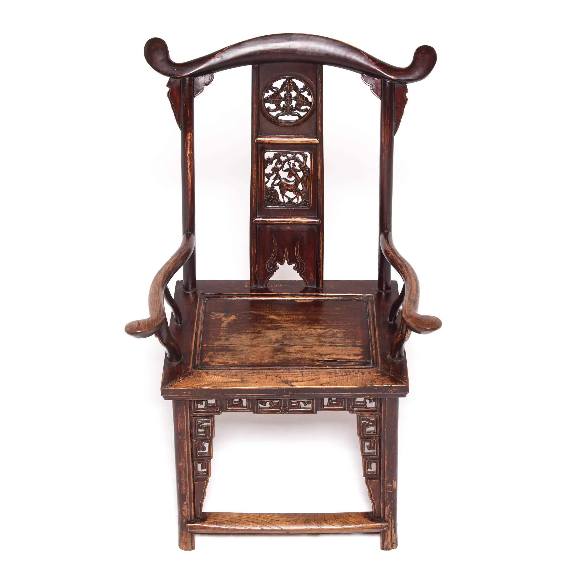 Pair of Chinese Tall Back Chairs with Auspicious Deer Medallions, c. 1850 9