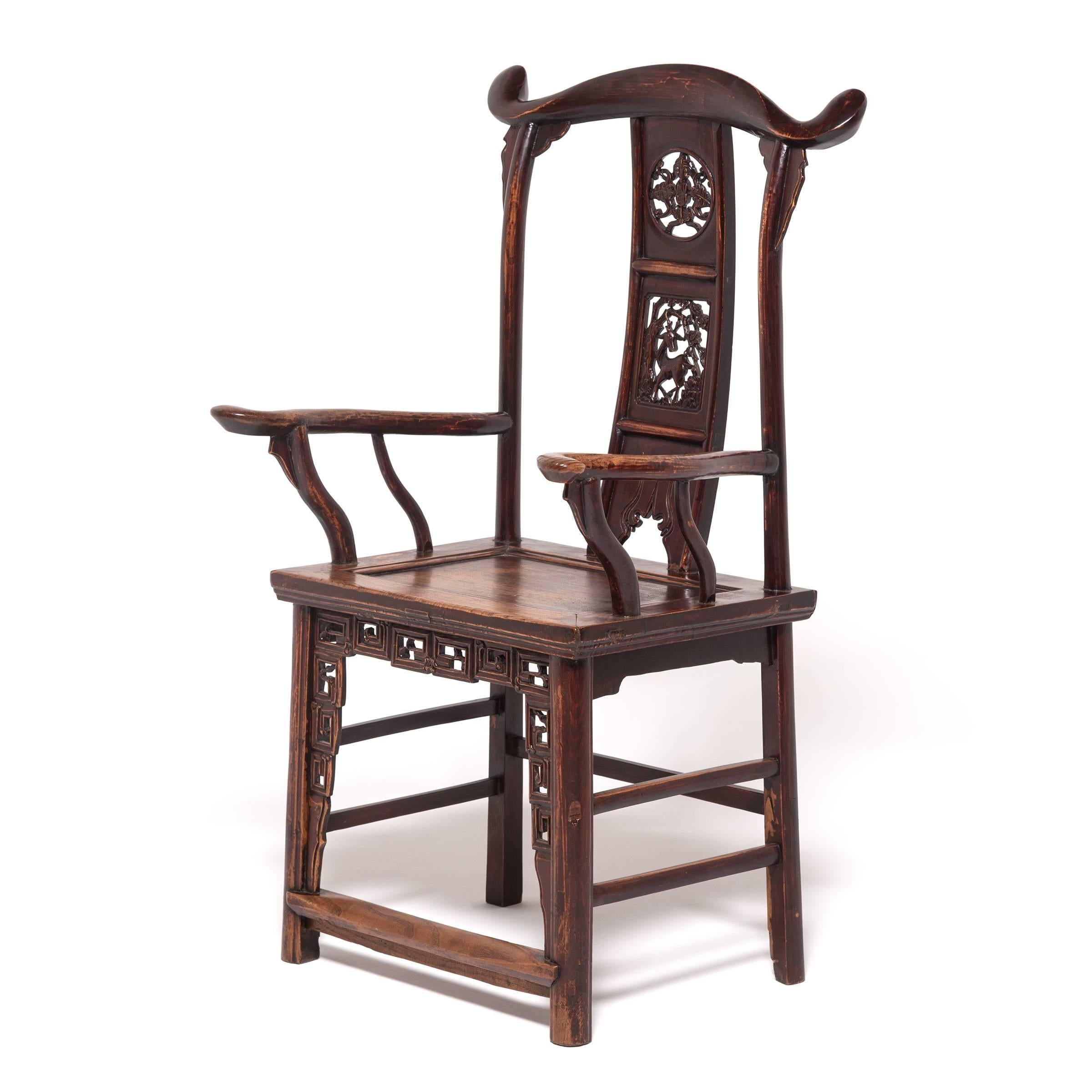 Qing Pair of Chinese Tall Back Chairs with Auspicious Deer Medallions, c. 1850