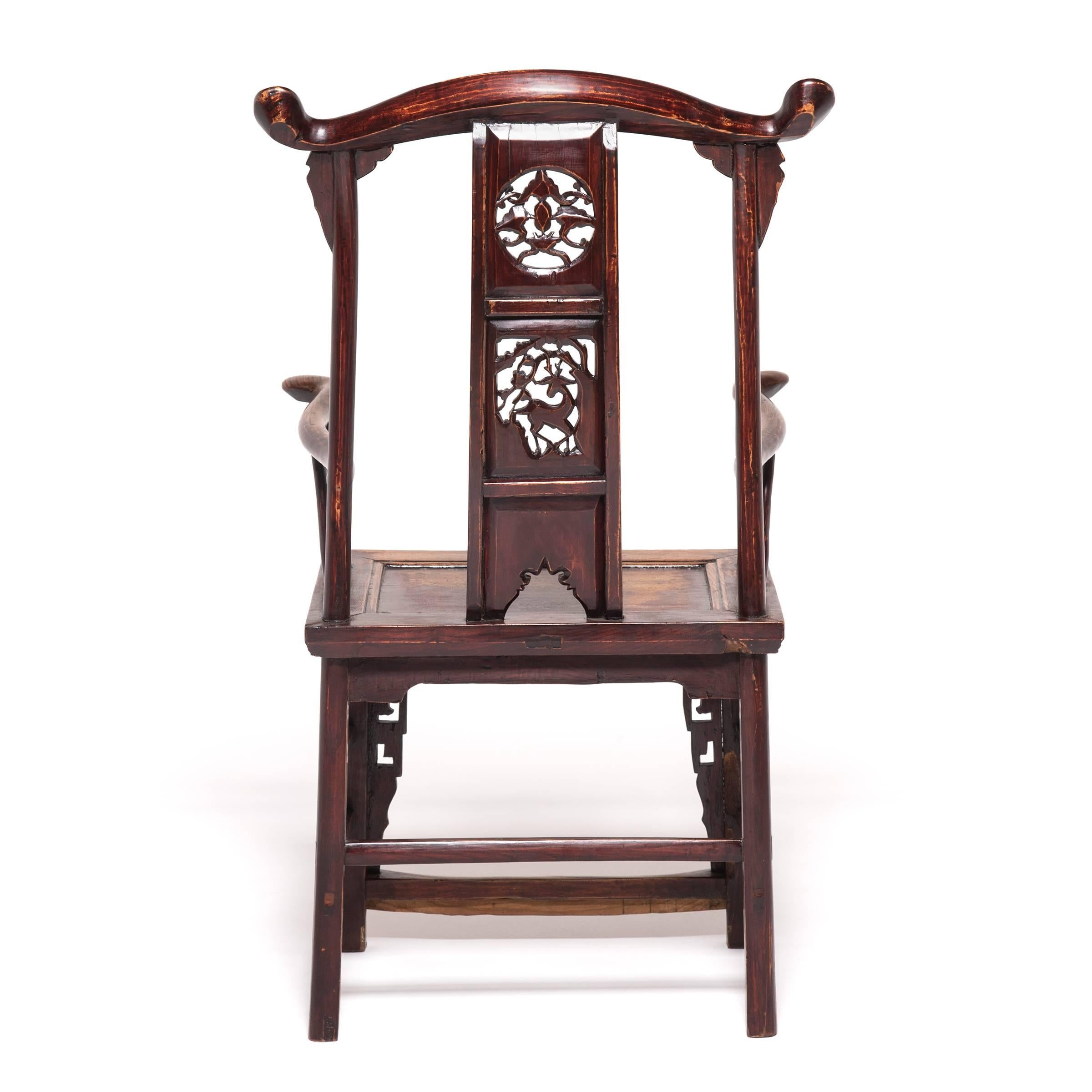 Carved Pair of Chinese Tall Back Chairs with Auspicious Deer Medallions, c. 1850