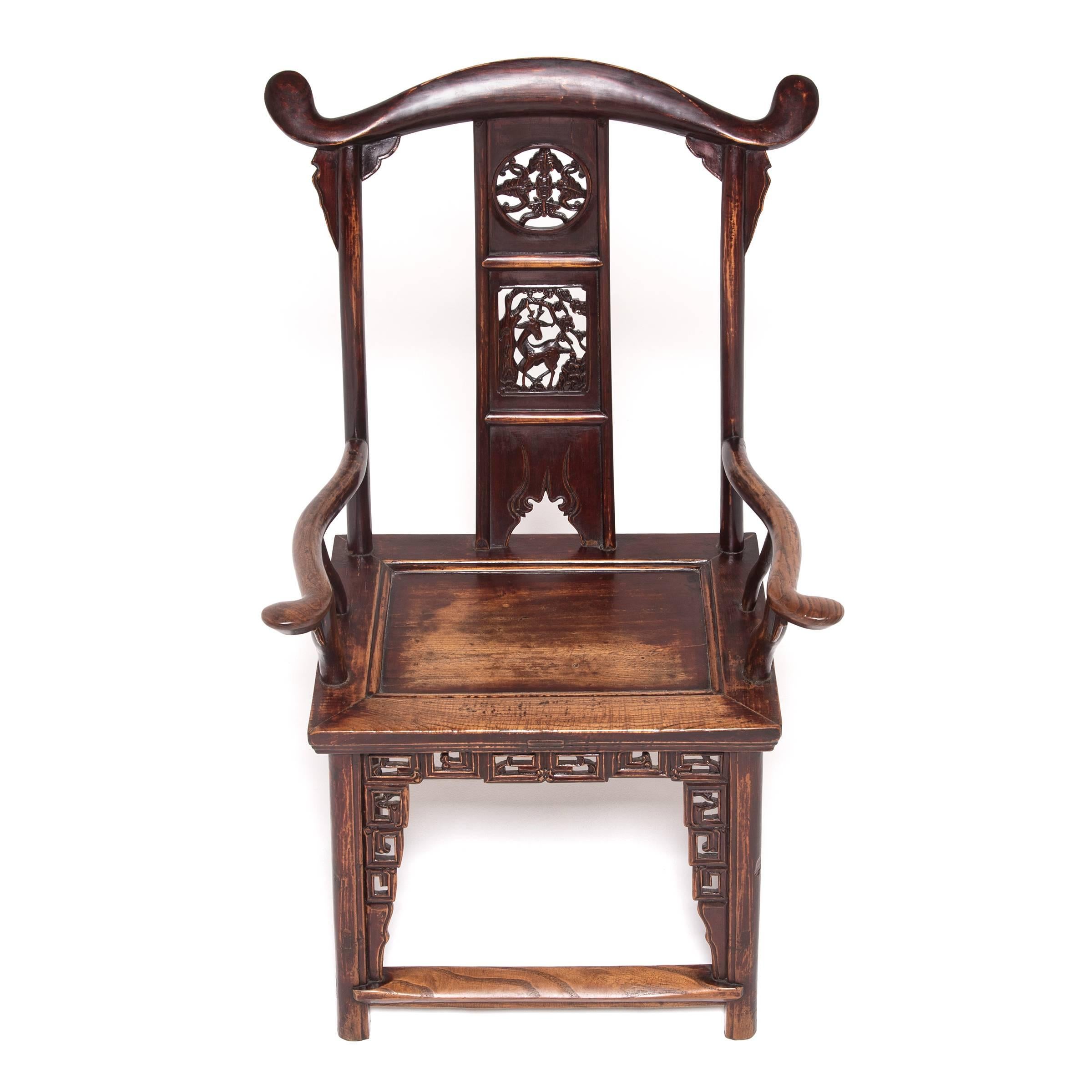 19th Century Pair of Chinese Tall Back Chairs with Auspicious Deer Medallions, c. 1850