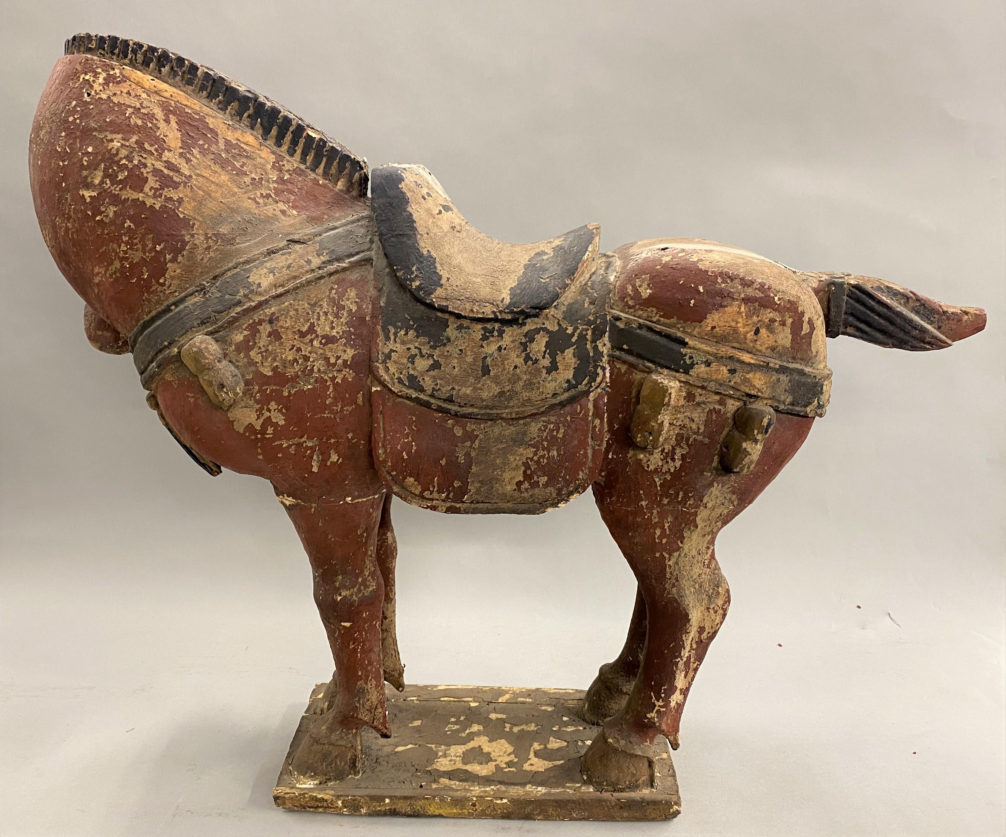 Pair of 19th Century Chinese Tang Style Polychrome Wooden Horses 7