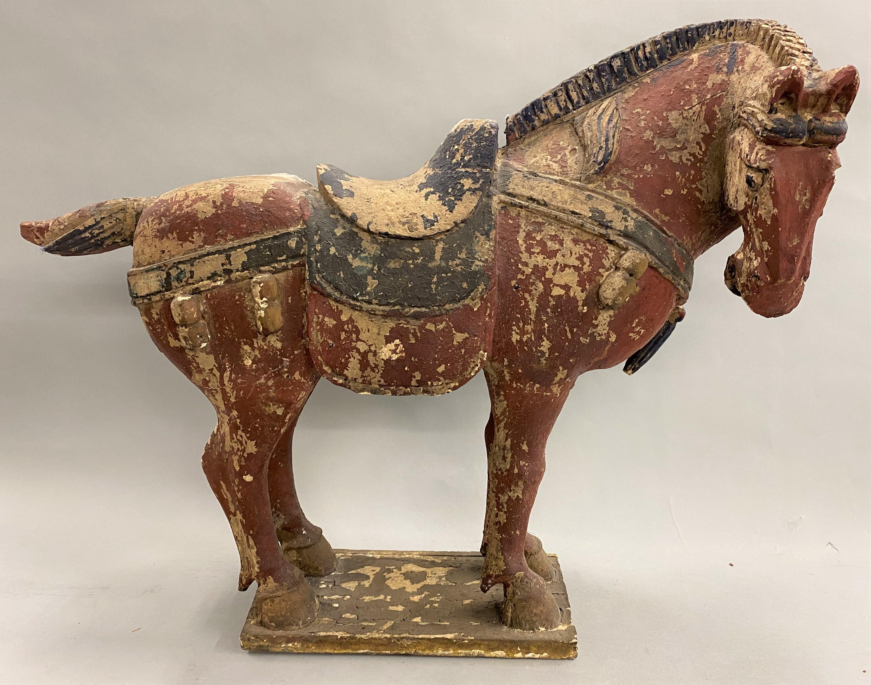 Pair of 19th Century Chinese Tang Style Polychrome Wooden Horses 5