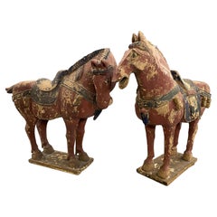 Antique Pair of 19th Century Chinese Tang Style Polychrome Wooden Horses