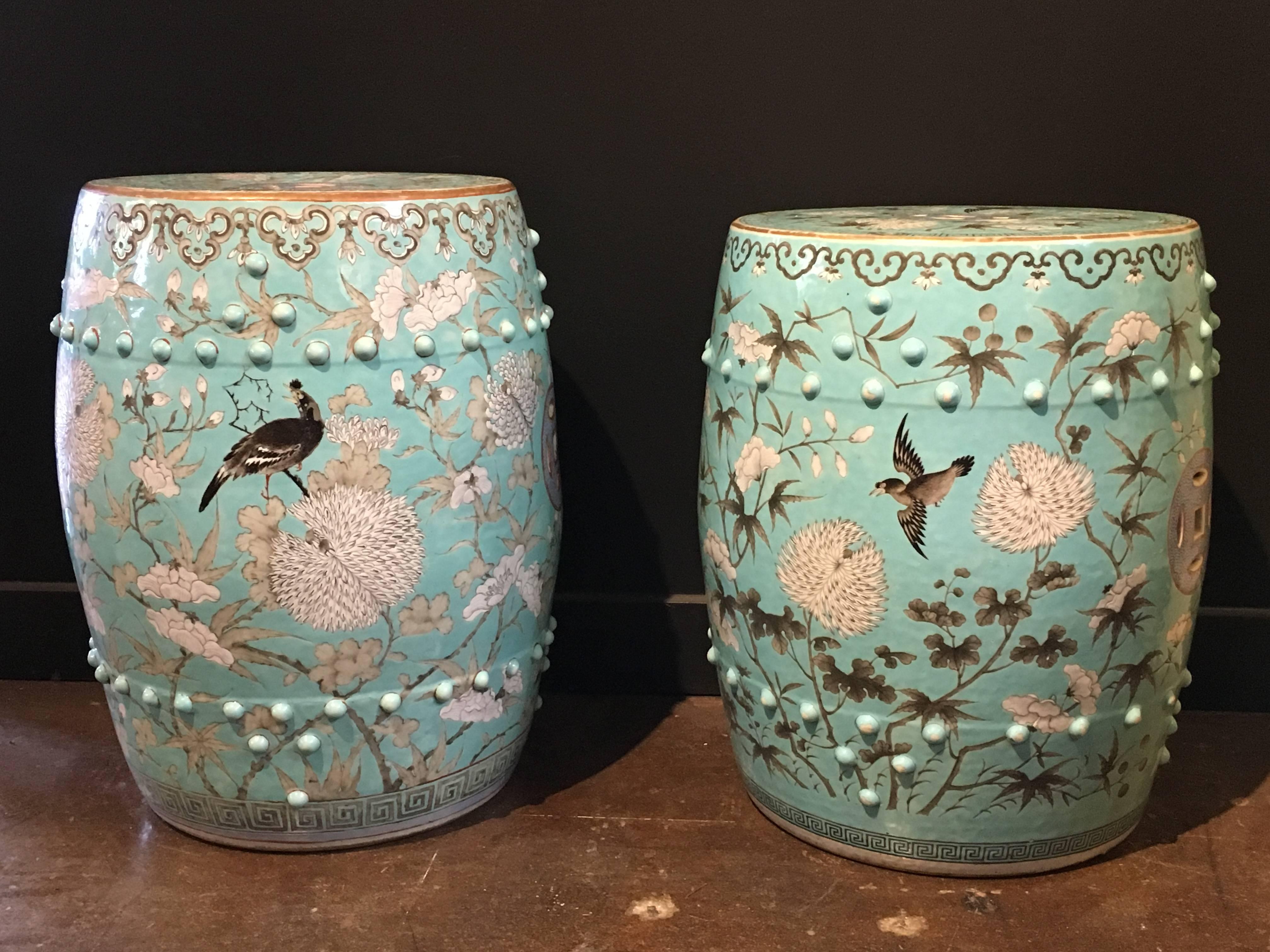 An extremely unusual near pair of Qing dynasty Chinese porcelain garden seats or stools, Guangxu Period (reigned 1875 to 1908), late 19th century.
The garden stools or traditional drum form and featuring a gorgeous muted turquoise ground and
