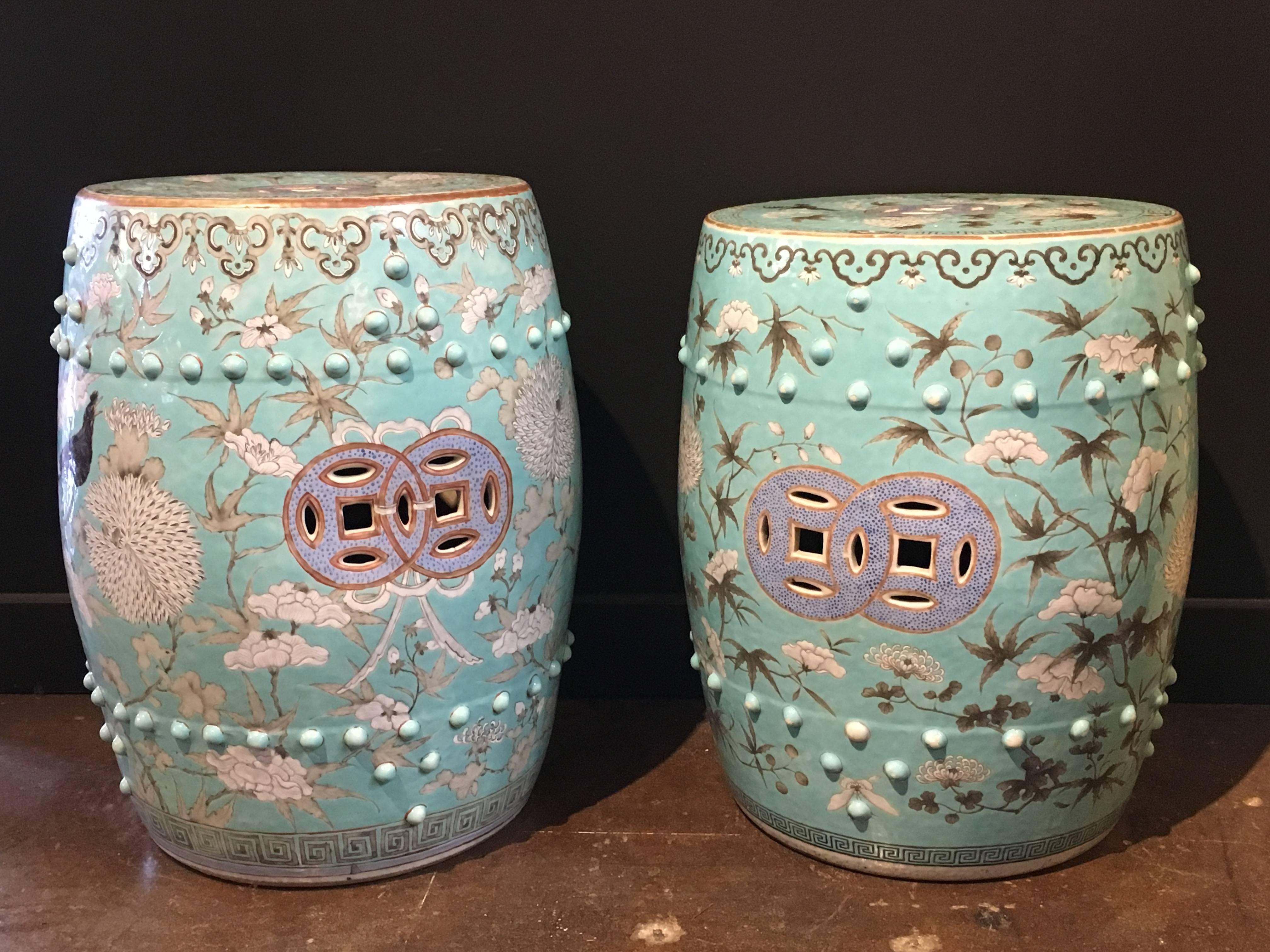 Qing Pair of 19th Century Chinese Turquoise and Grisaille Porcelain Garden Stools