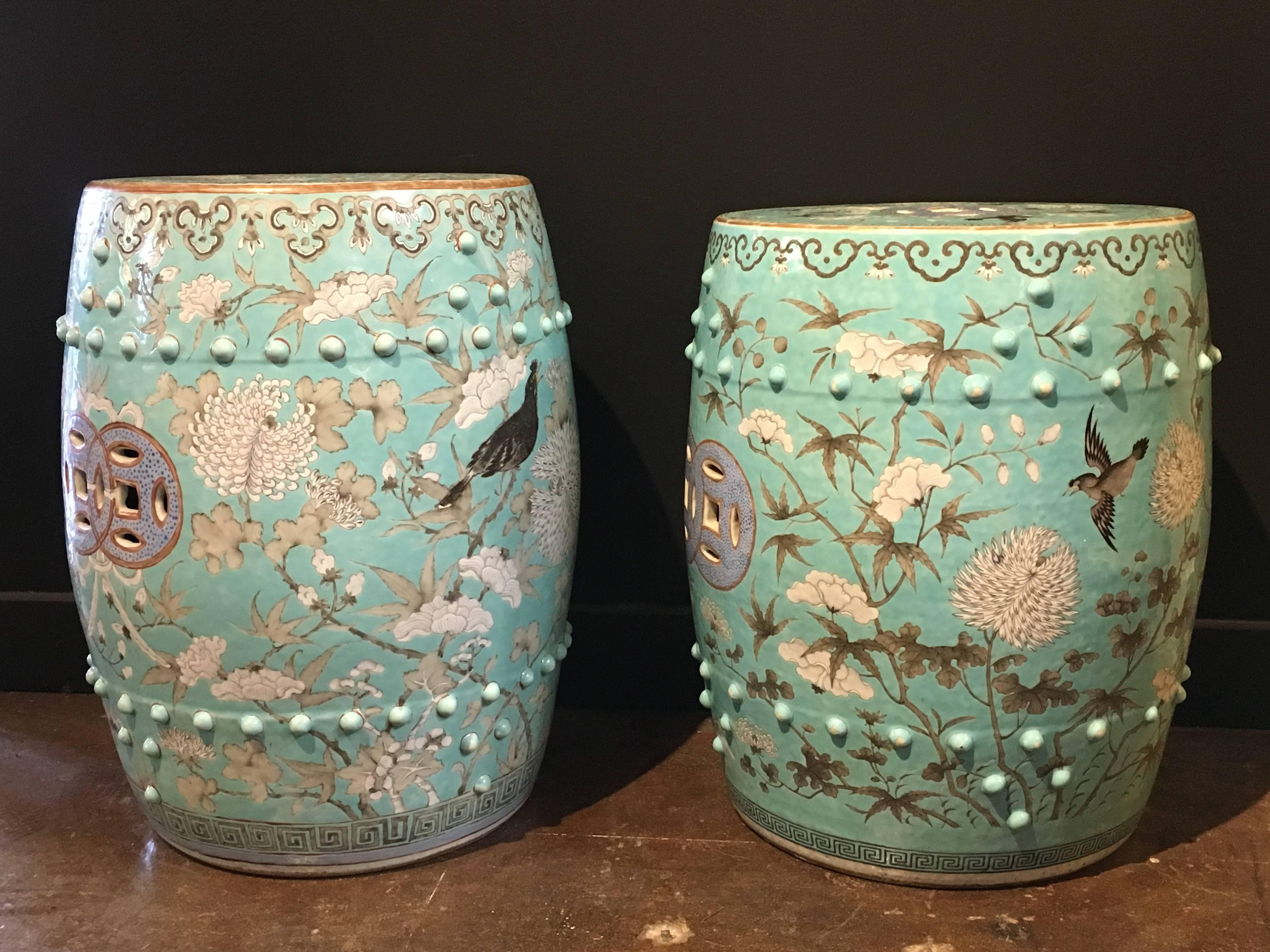 Hand-Painted Pair of 19th Century Chinese Turquoise and Grisaille Porcelain Garden Stools