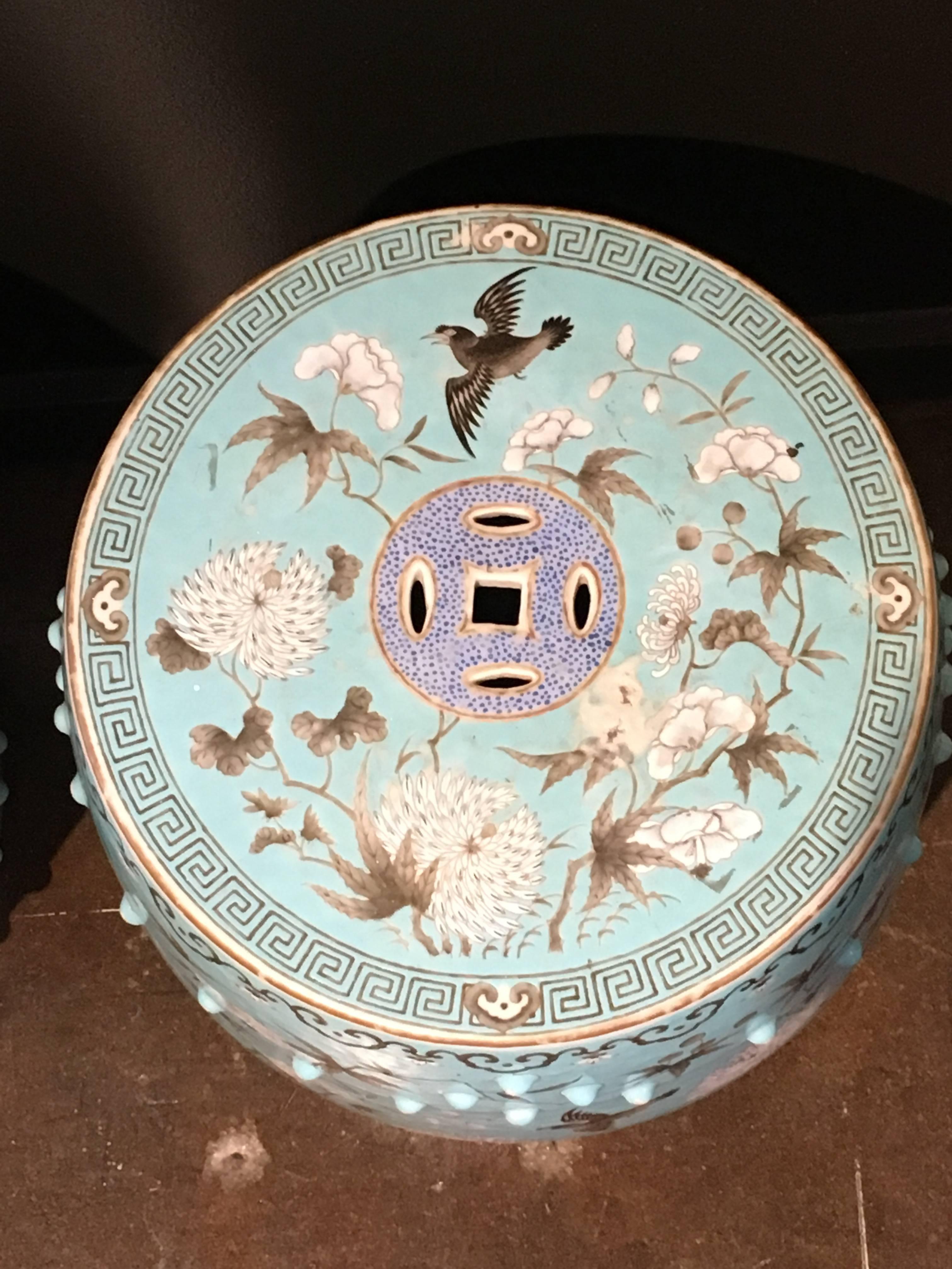 Pair of 19th Century Chinese Turquoise and Grisaille Porcelain Garden Stools In Good Condition In Austin, TX