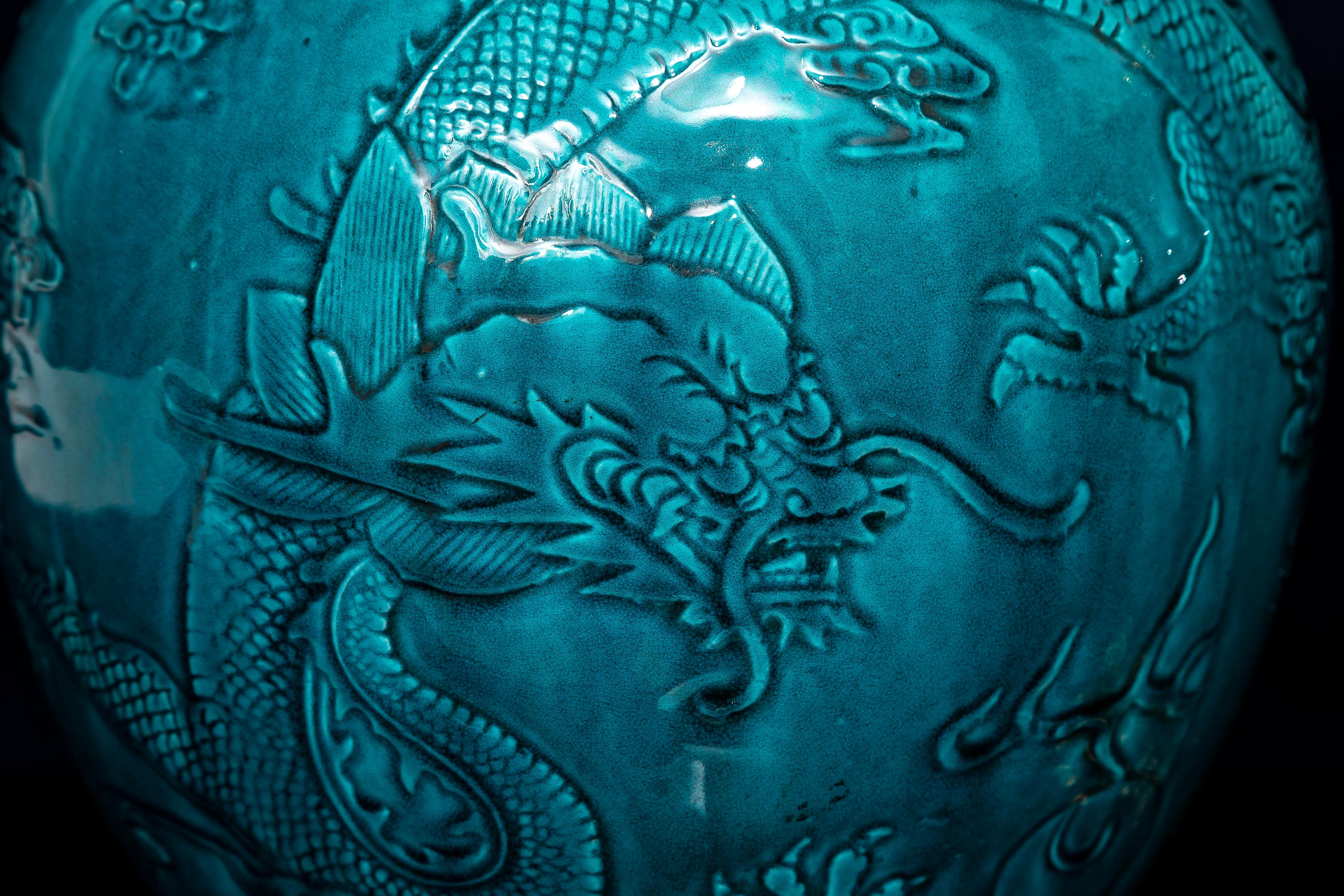Pair of 19th Century Chinese Turquoise Porcelain Ormolu Mounted Covered Vases For Sale 4