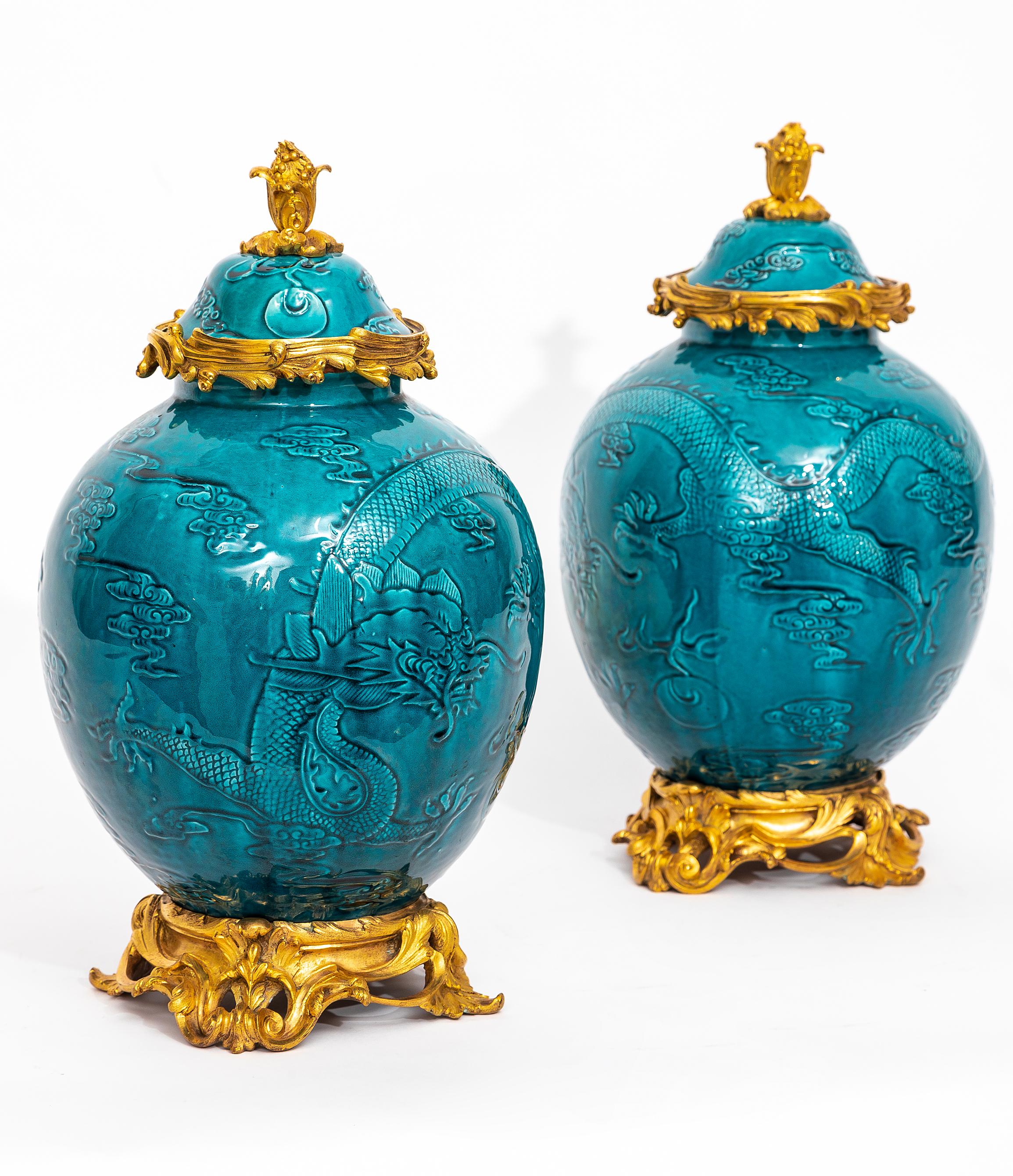 Louis XV Pair of 19th Century Chinese Turquoise Porcelain Ormolu Mounted Covered Vases For Sale