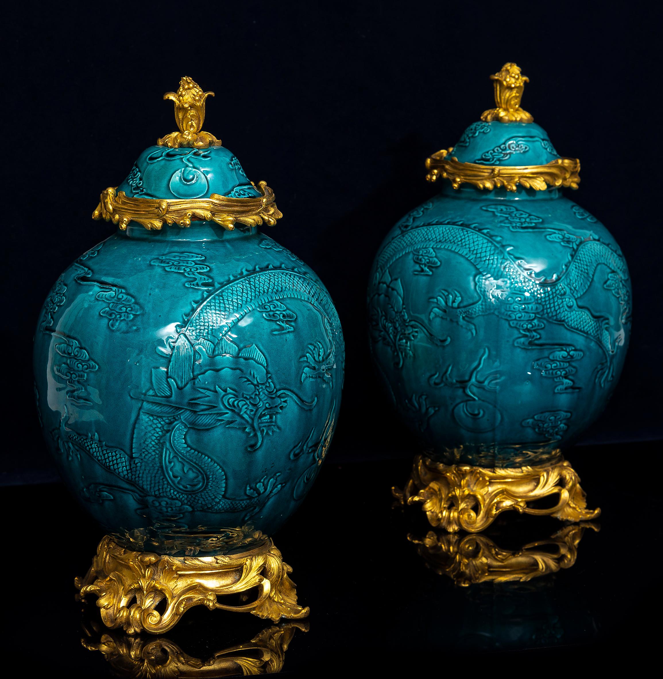 French Pair of 19th Century Chinese Turquoise Porcelain Ormolu Mounted Covered Vases For Sale