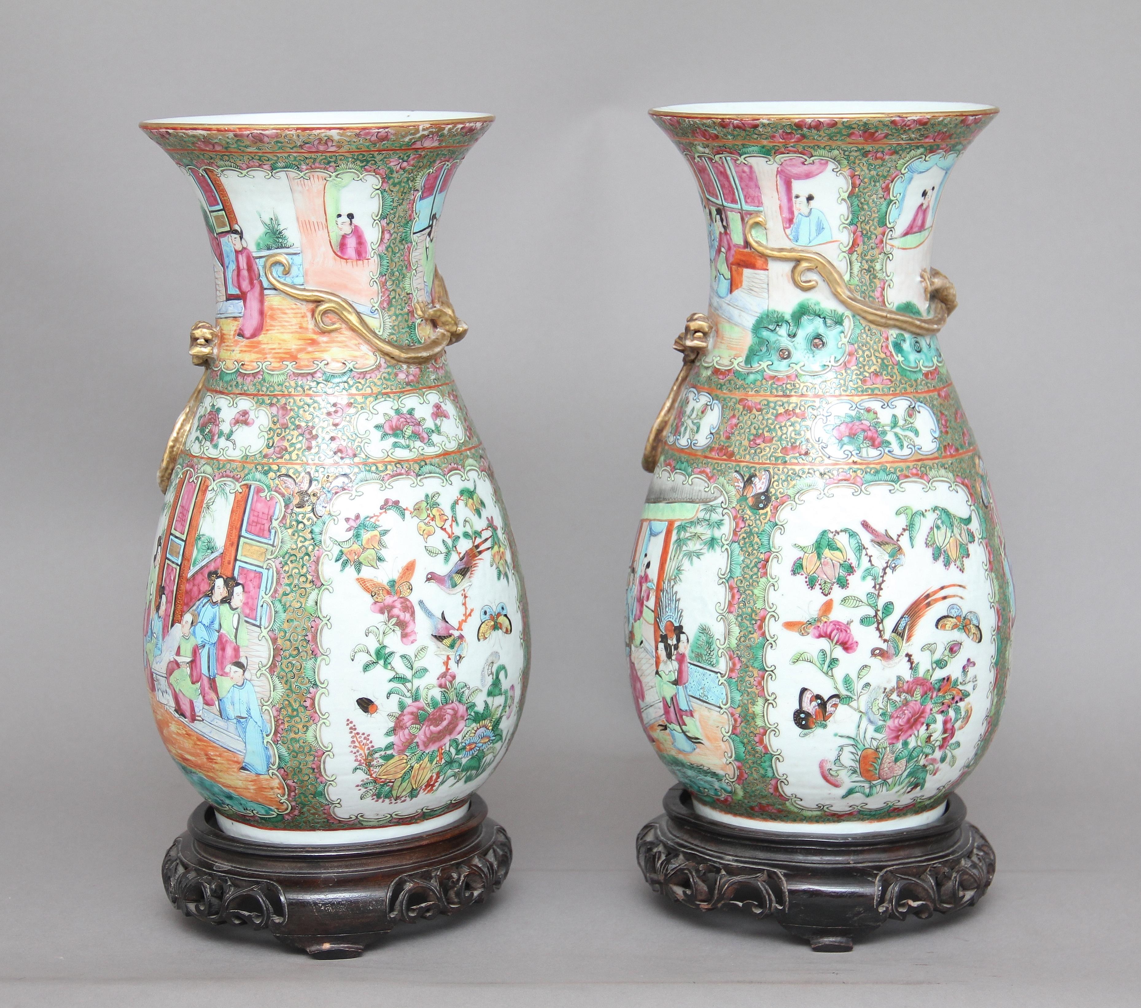 A decorative pair of 19th century Chinese famile rose vases depicting various Chinese scenes and various birds and foliage, each vase decorated with a single gilded raised dragon, standing on pierced hardwood bases. In fantastic condition having