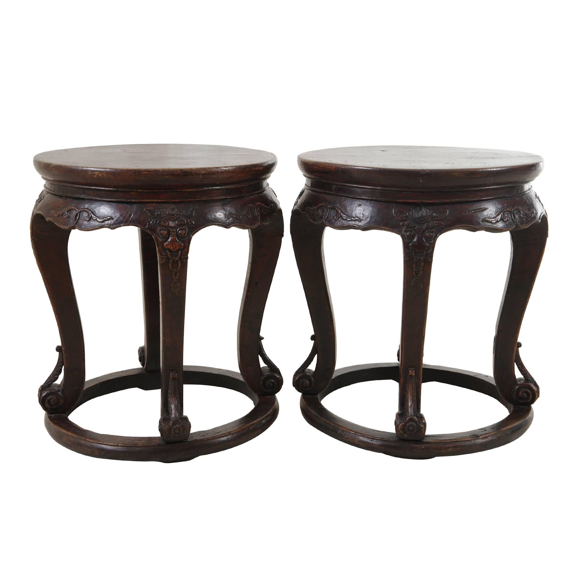 Pair of 19th Century Chinese Walnut Round Plank Top Shizi Tables