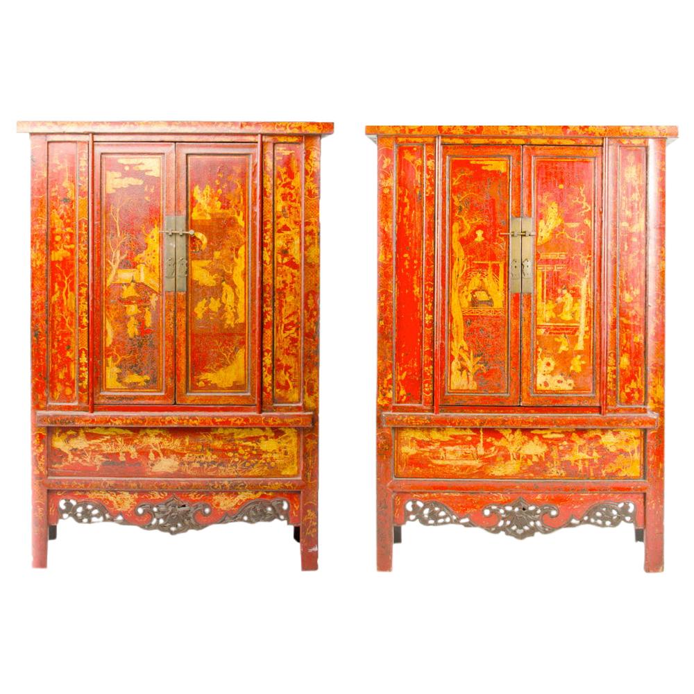 Pair of 19th Century Chinese Wardrobe, Chinoiserie Lacquered Red