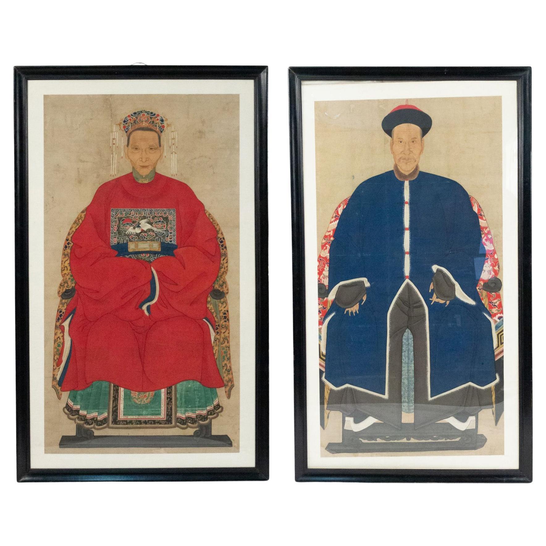 Pair of 19th Century Chinese Watercolor Ancestor Portraits