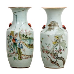 Pair of 19th Century Chinese White Vases with People and Landscapes