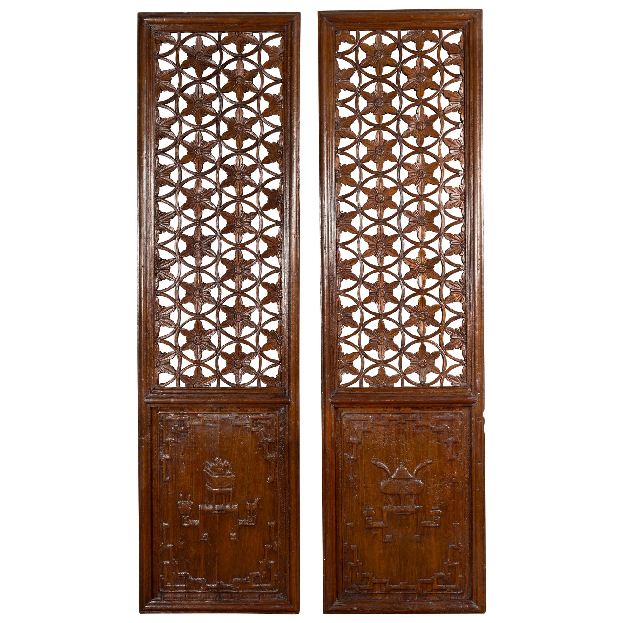 Pair of 19th Century Chinese Wooden Panels with Floral Motifs and Carved Objects For Sale