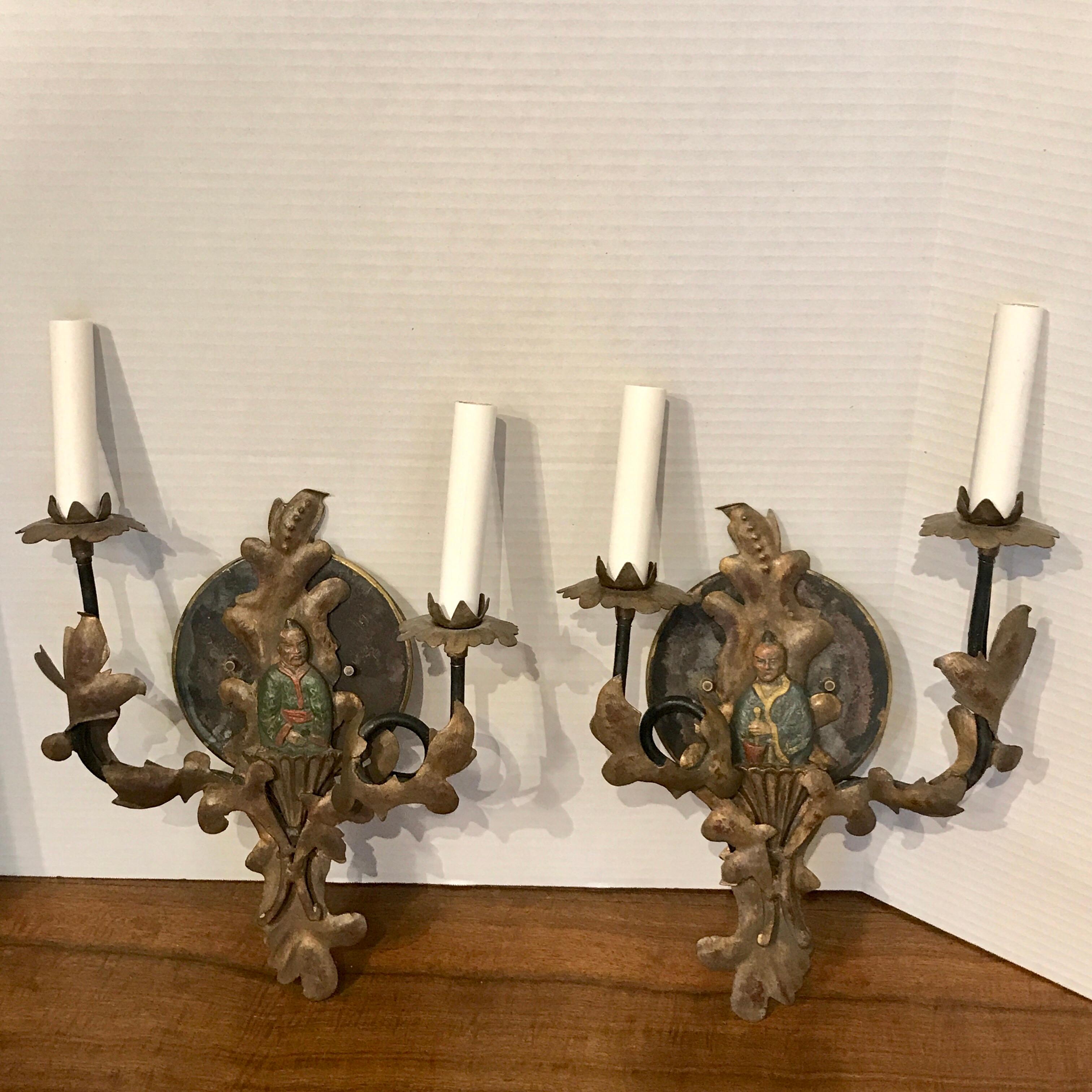 Pair of 19th Century Chinoiserie Polychromed Tole Sconces, Now Electrified 9